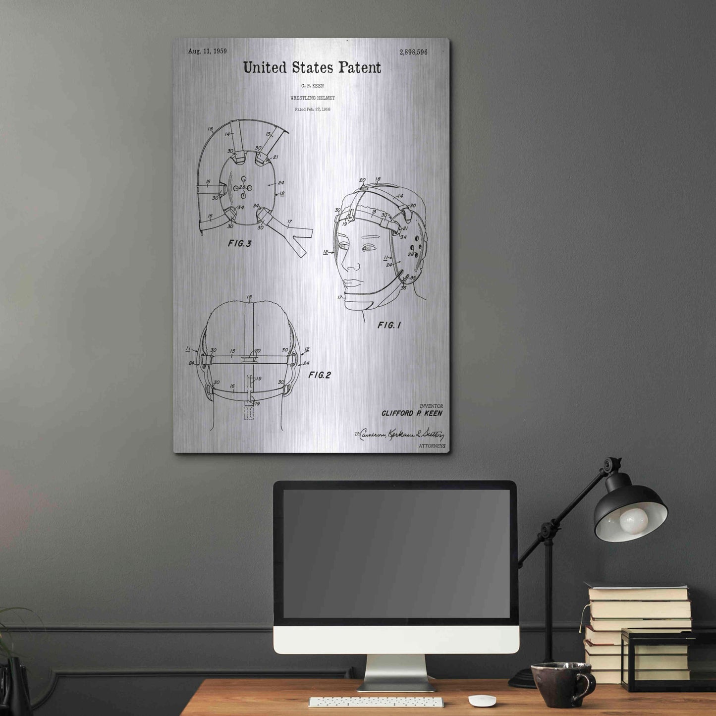 Luxe Metal Art 'Wrestling Headgear Blueprint Patent White' Acrylic Glass Wall Art,24x36