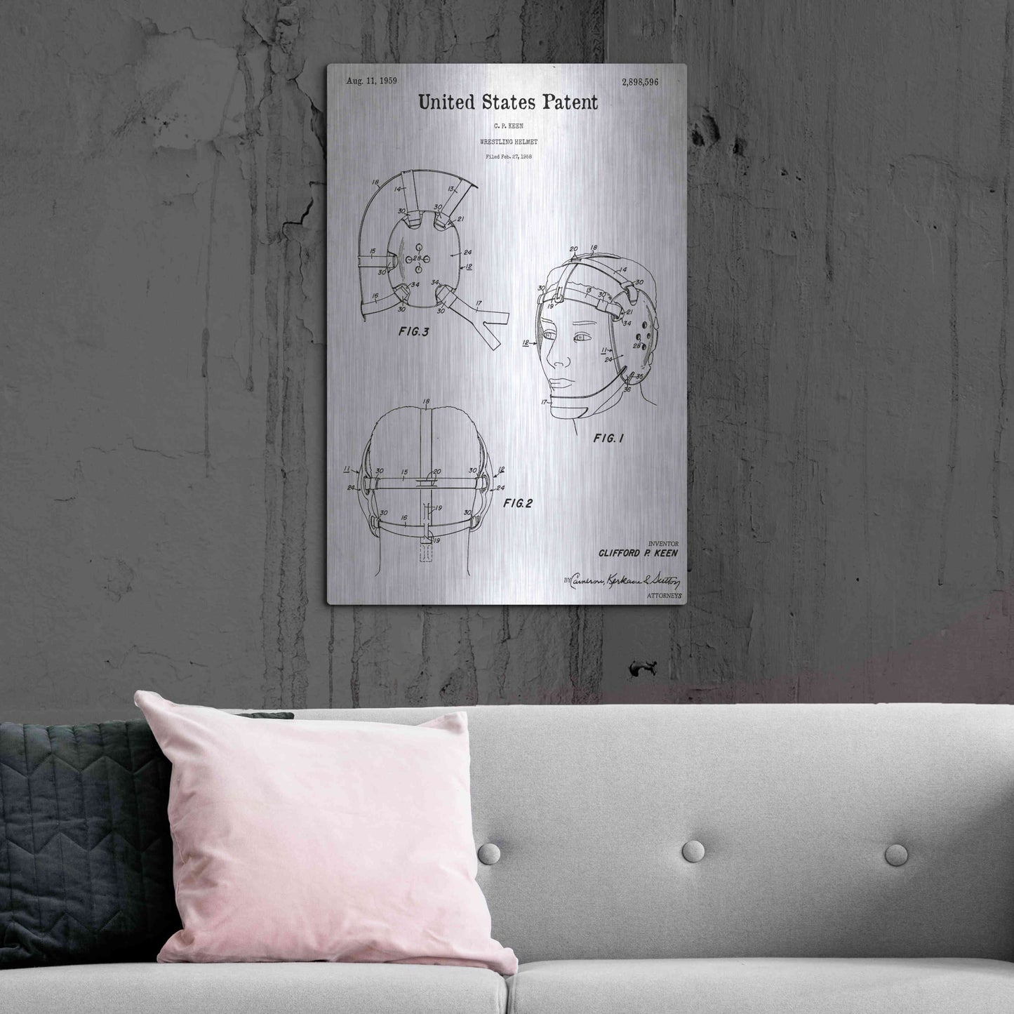 Luxe Metal Art 'Wrestling Headgear Blueprint Patent White' Acrylic Glass Wall Art,24x36