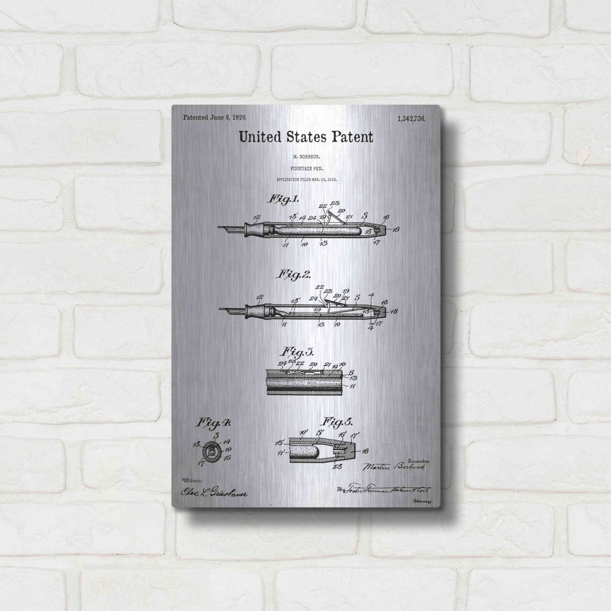 Luxe Metal Art 'Fountain Pen Blueprint Patent White' Acrylic Glass Wall Art,12x16