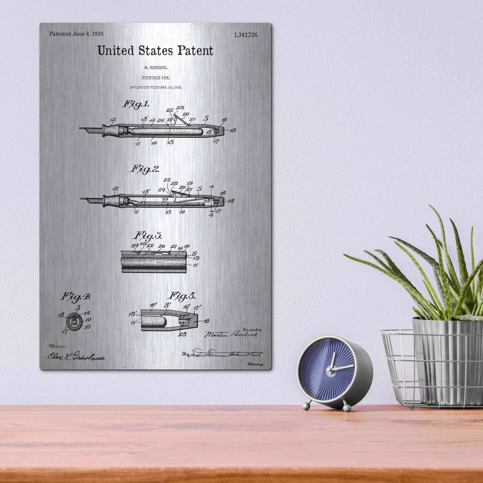 Luxe Metal Art 'Fountain Pen Blueprint Patent White' Acrylic Glass Wall Art,12x16