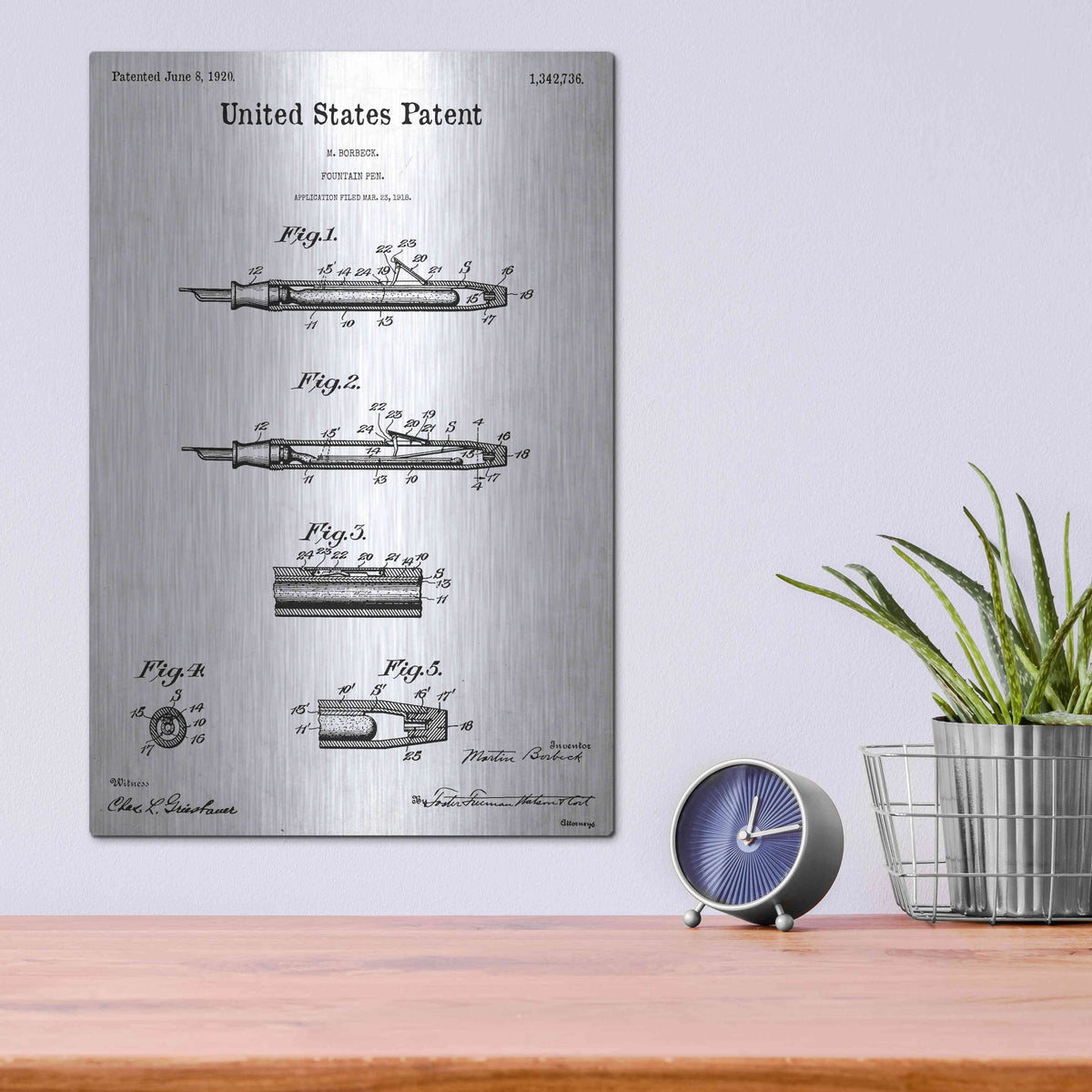 Luxe Metal Art 'Fountain Pen Blueprint Patent White' Metal Wall Art,12x16