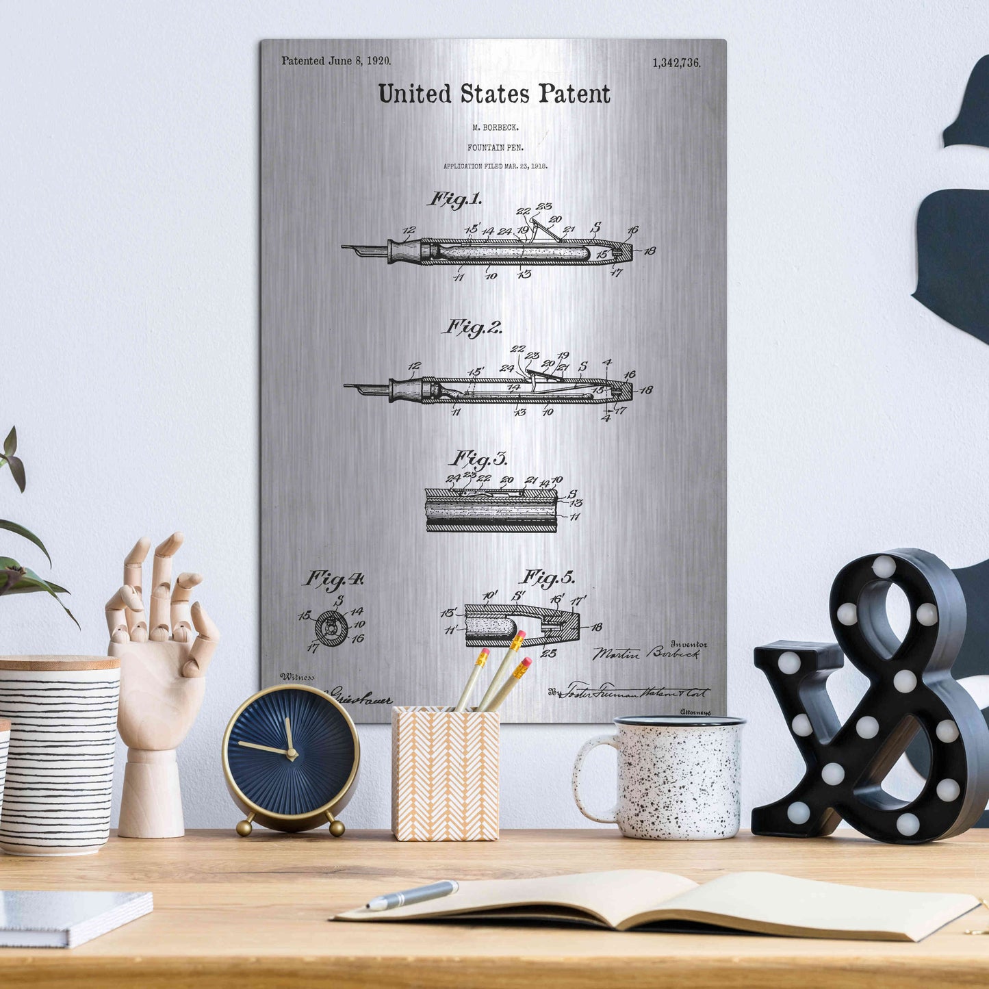 Luxe Metal Art 'Fountain Pen Blueprint Patent White' Acrylic Glass Wall Art,12x16