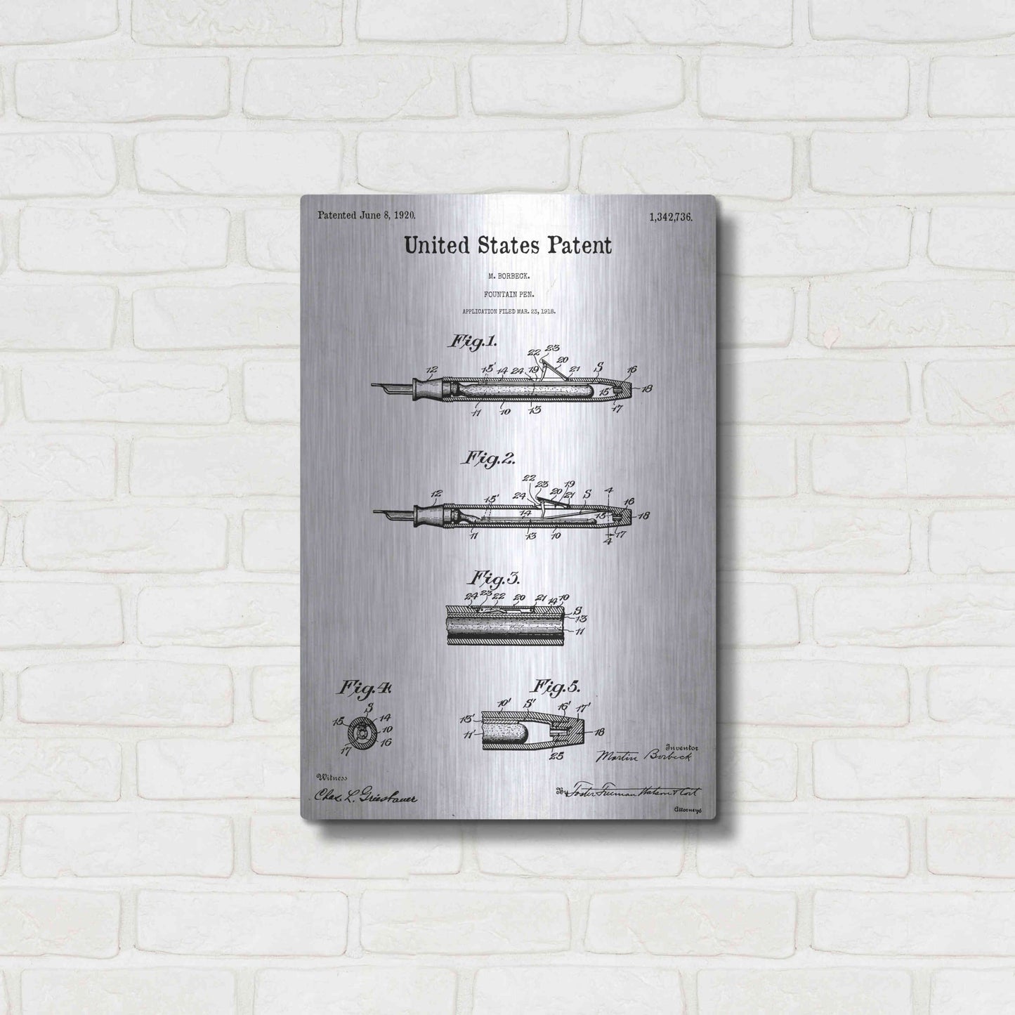 Luxe Metal Art 'Fountain Pen Blueprint Patent White' Acrylic Glass Wall Art,16x24