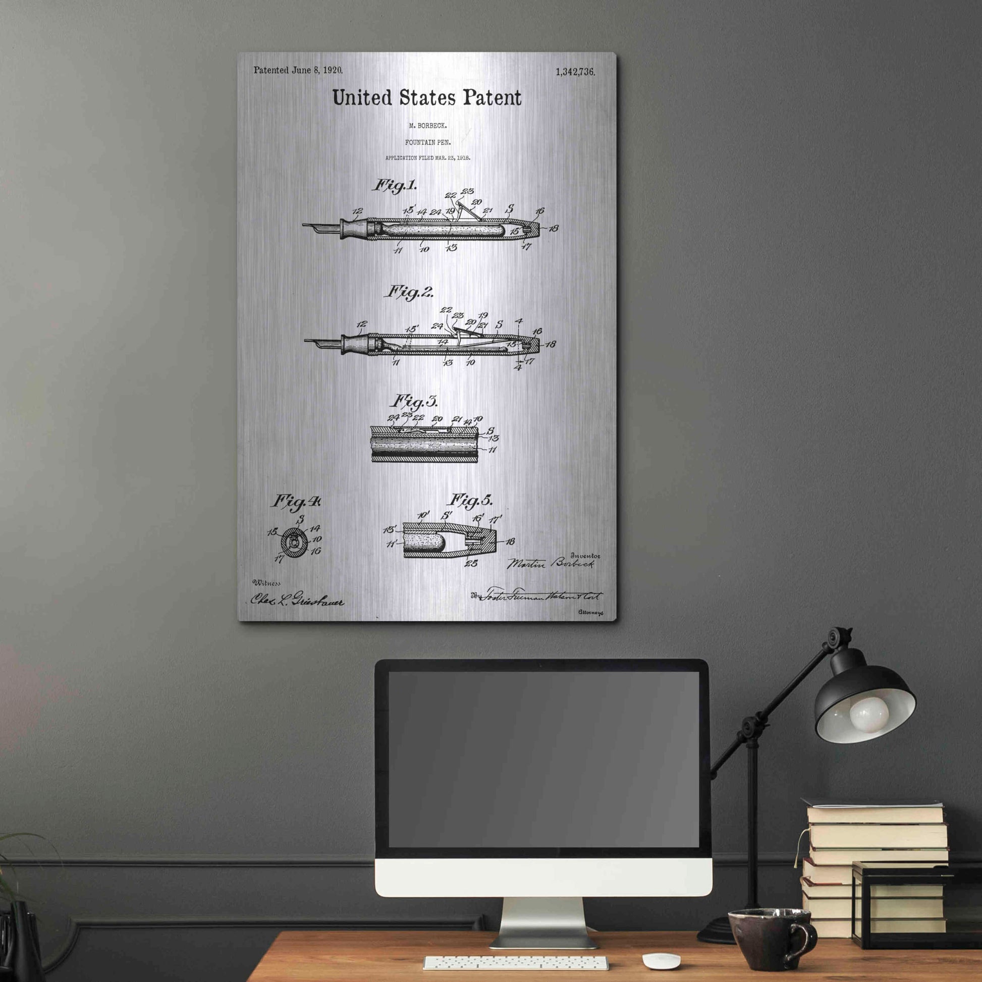 Luxe Metal Art 'Fountain Pen Blueprint Patent White' Acrylic Glass Wall Art,24x36