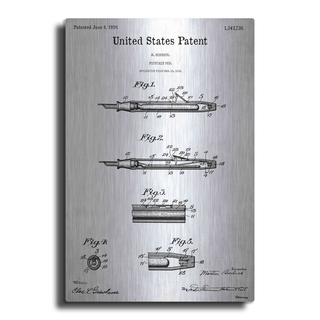 Luxe Metal Art 'Fountain Pen Blueprint Patent White' Metal Wall Art