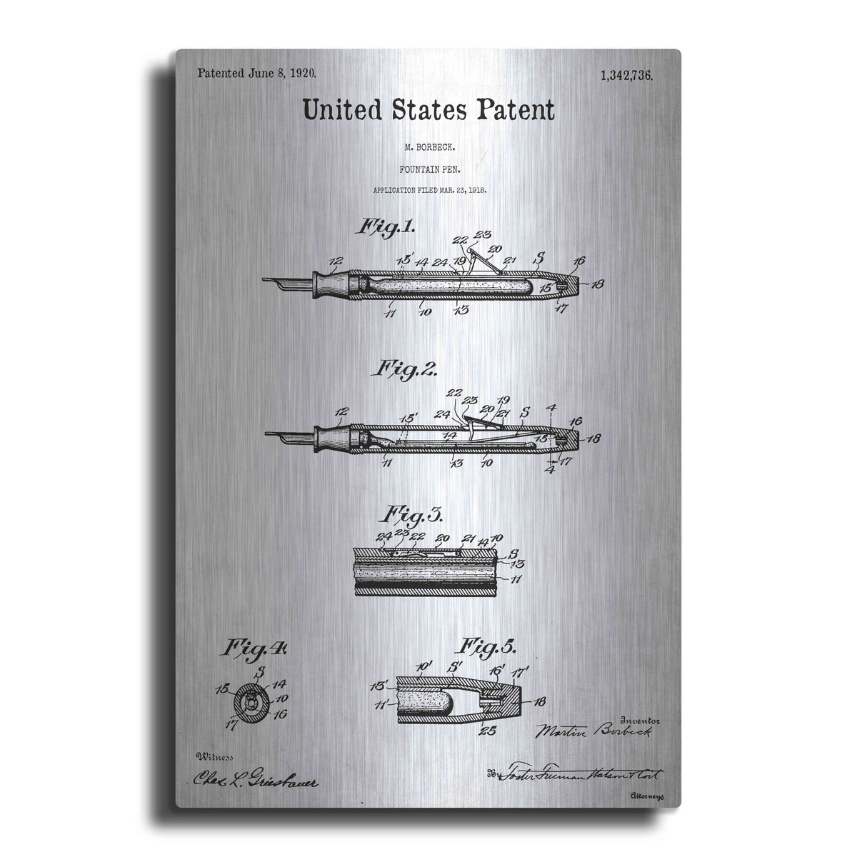 Luxe Metal Art 'Fountain Pen Blueprint Patent White' Metal Wall Art