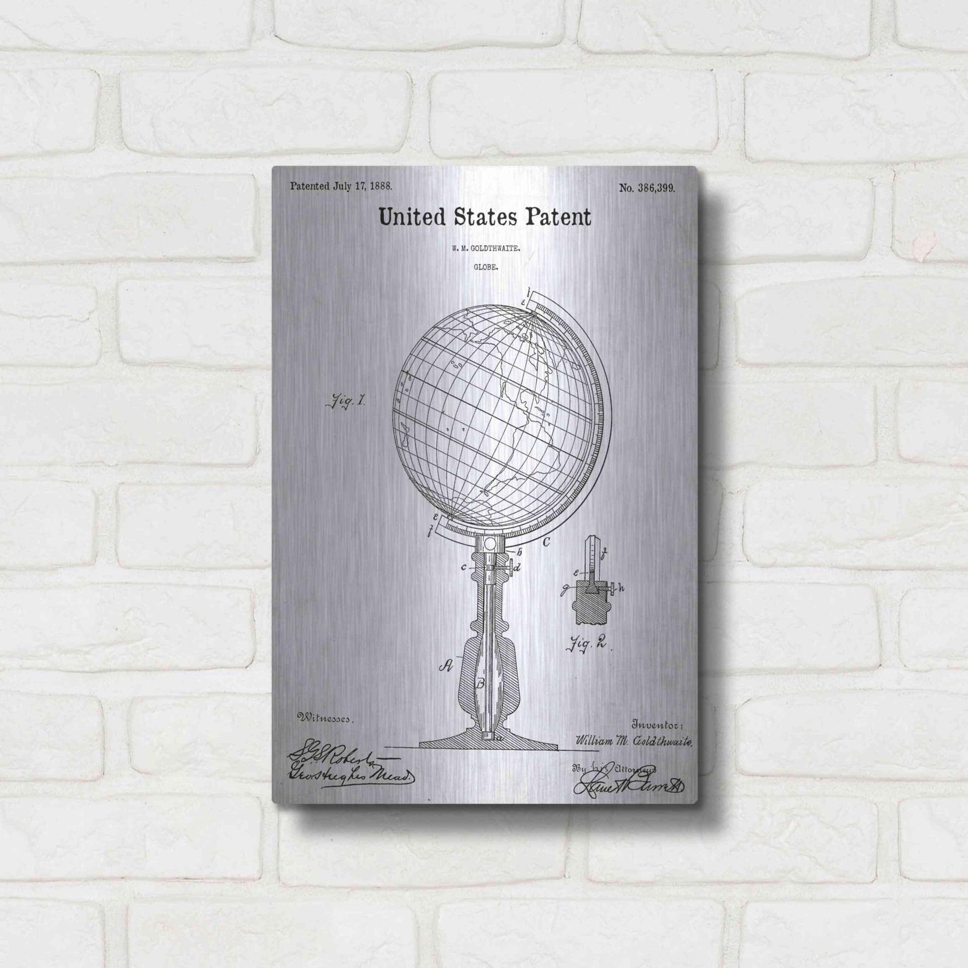 Luxe Metal Art 'globe Blueprint Patent White' Acrylic Glass Wall Art,12x16