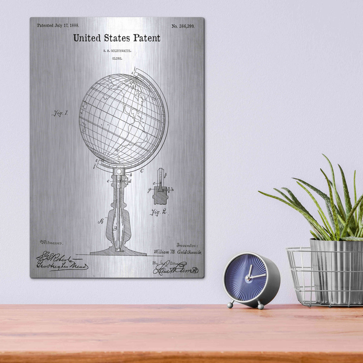 Luxe Metal Art 'globe Blueprint Patent White' Metal Wall Art,12x16