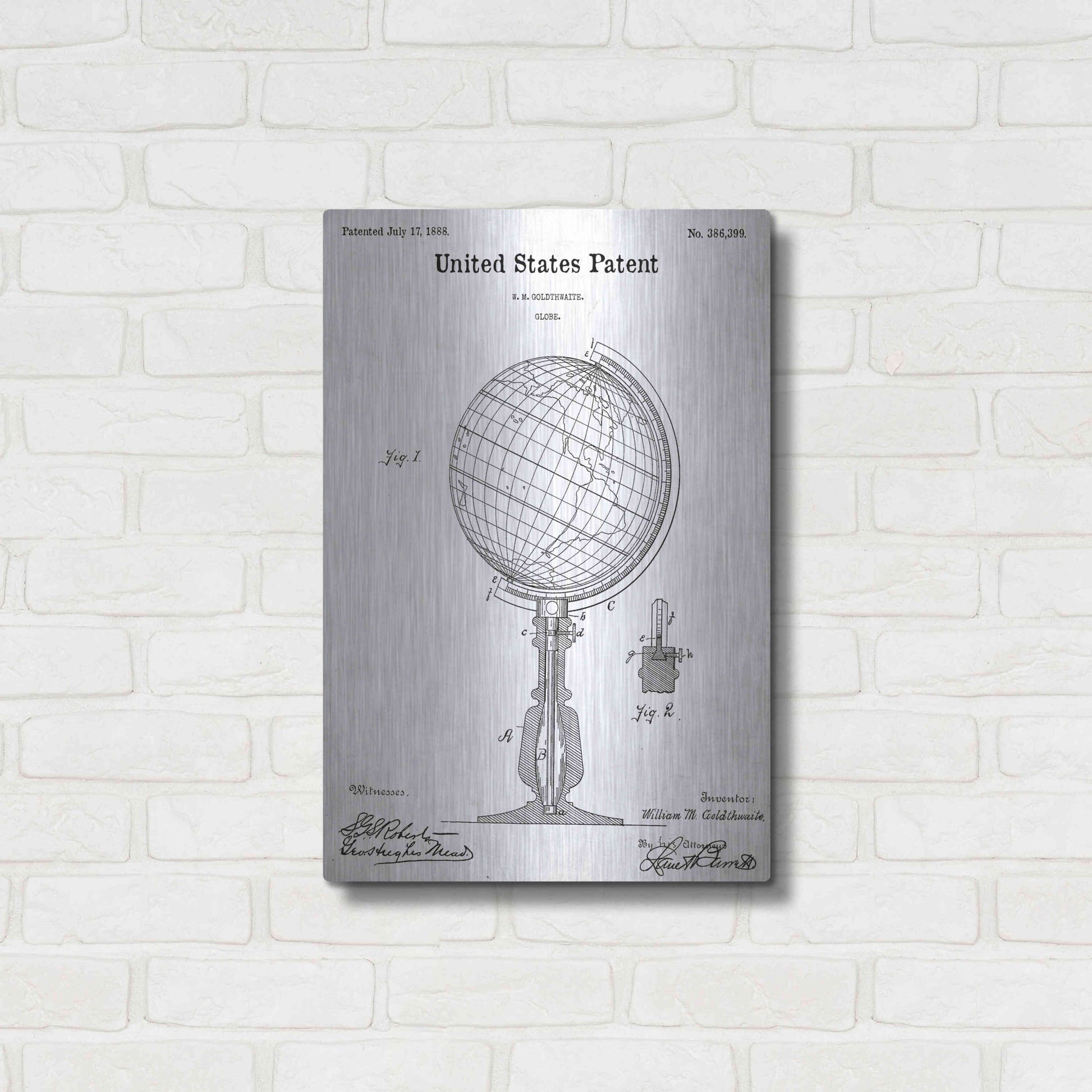 Luxe Metal Art 'globe Blueprint Patent White' Acrylic Glass Wall Art,16x24