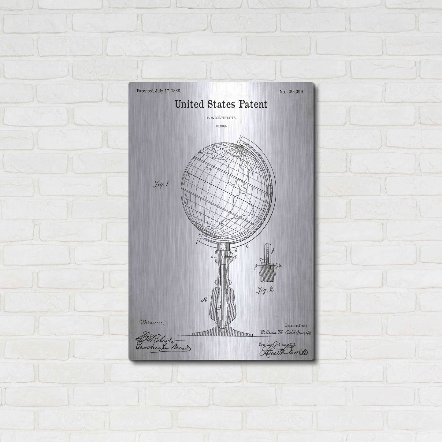 Luxe Metal Art 'globe Blueprint Patent White' Acrylic Glass Wall Art,24x36