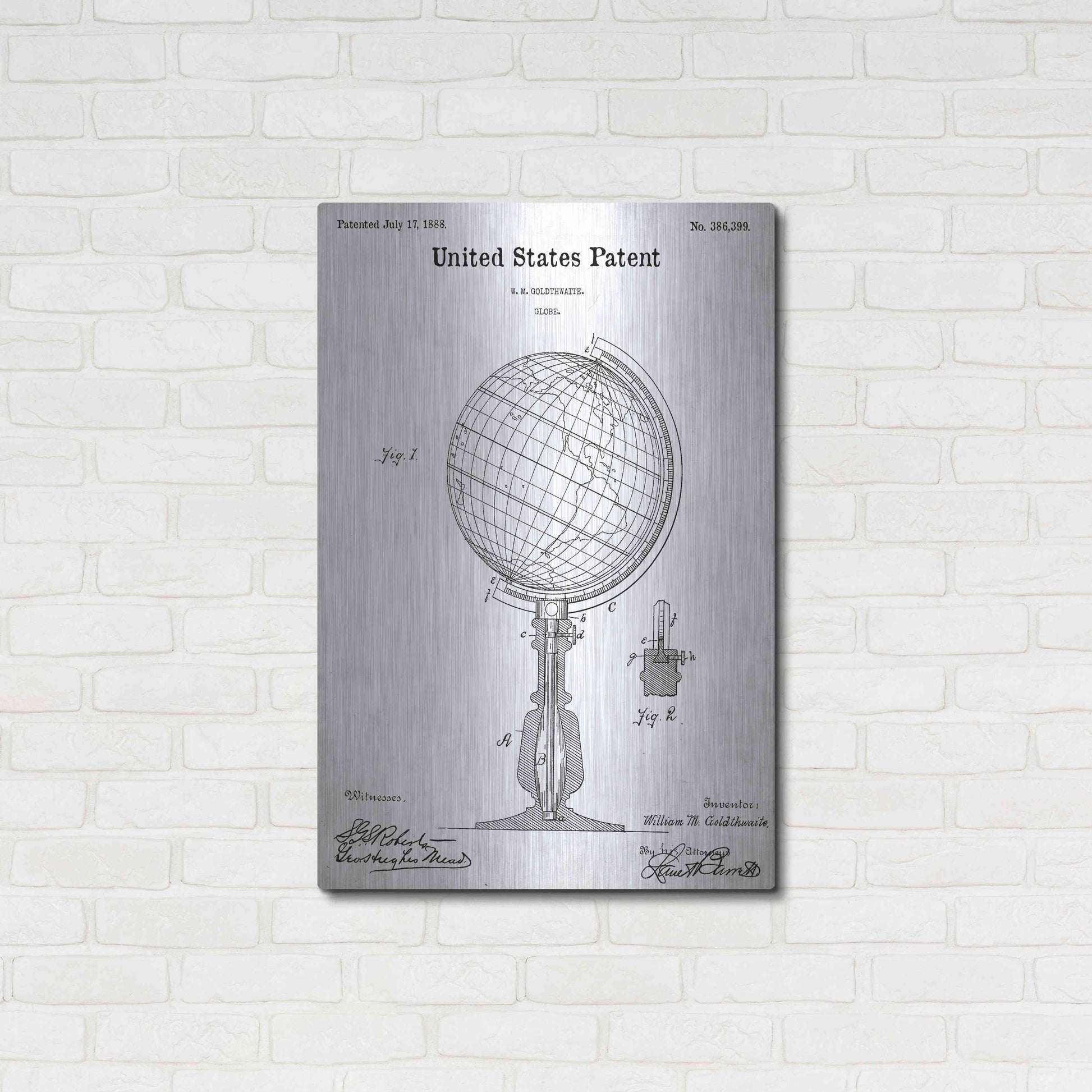 Luxe Metal Art 'globe Blueprint Patent White' Acrylic Glass Wall Art,24x36