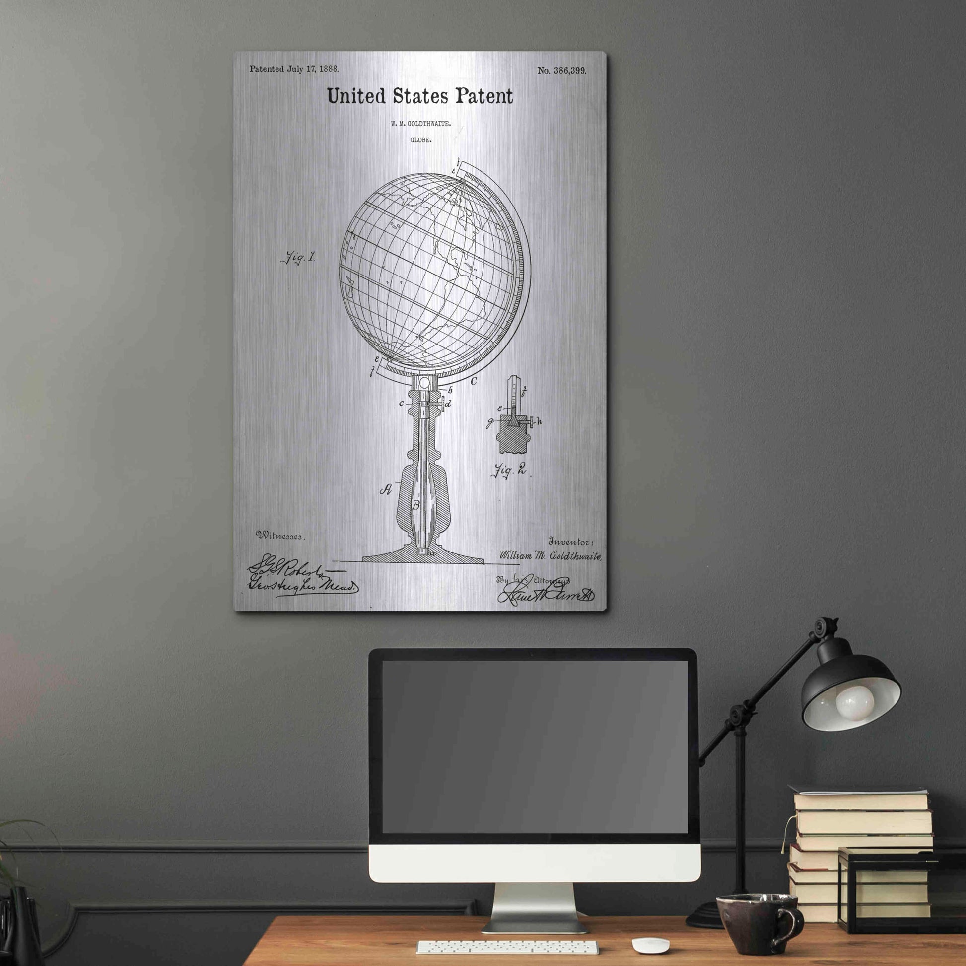 Luxe Metal Art 'globe Blueprint Patent White' Acrylic Glass Wall Art,24x36