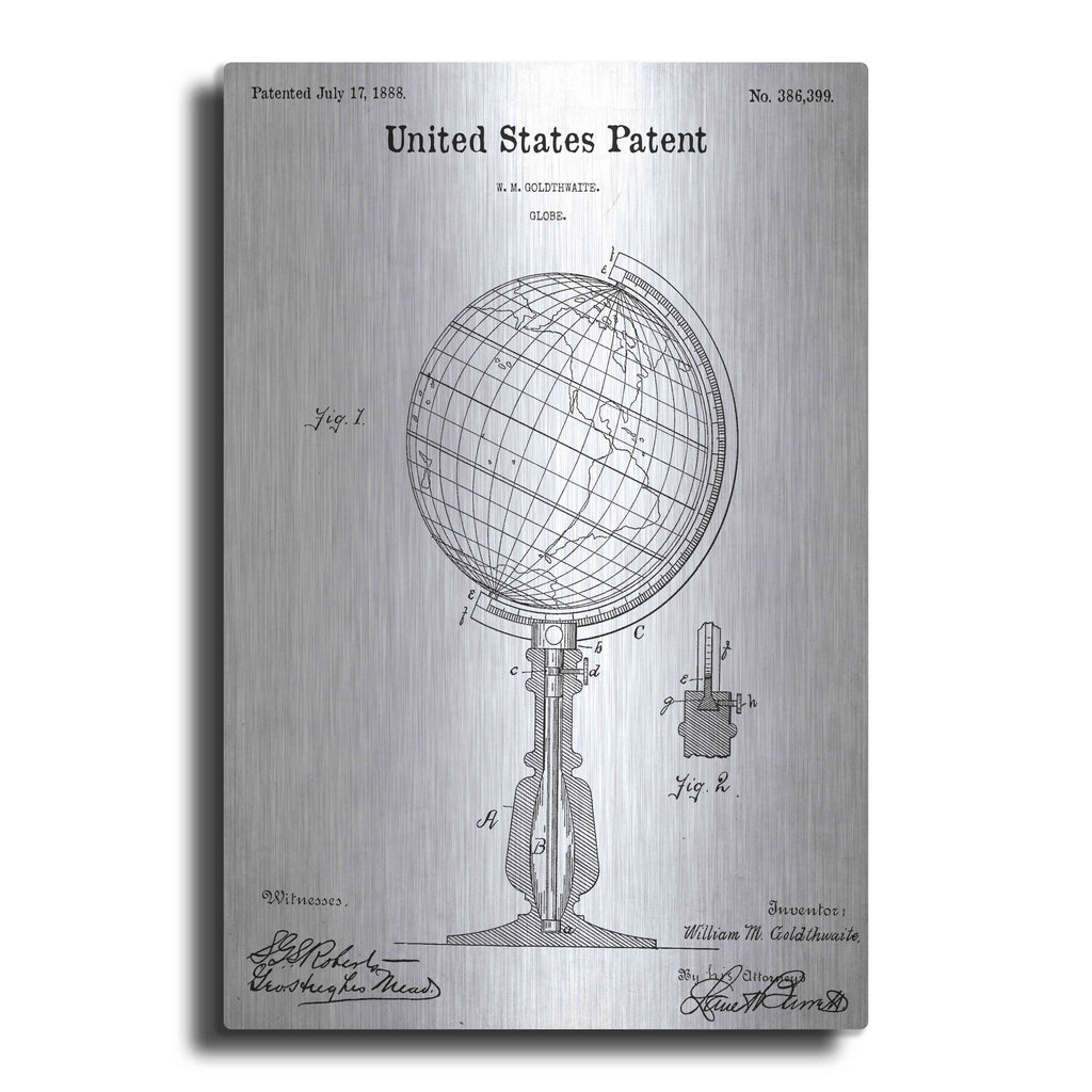 Luxe Metal Art 'globe Blueprint Patent White' Metal Wall Art
