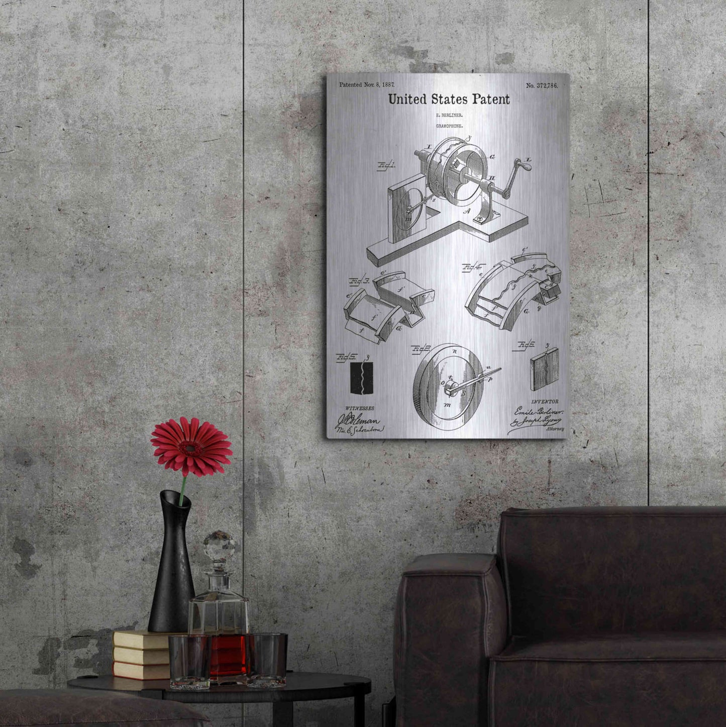 Luxe Metal Art 'Gramophone, 1887 Blueprint Patent White' Acrylic Glass Wall Art,24x36