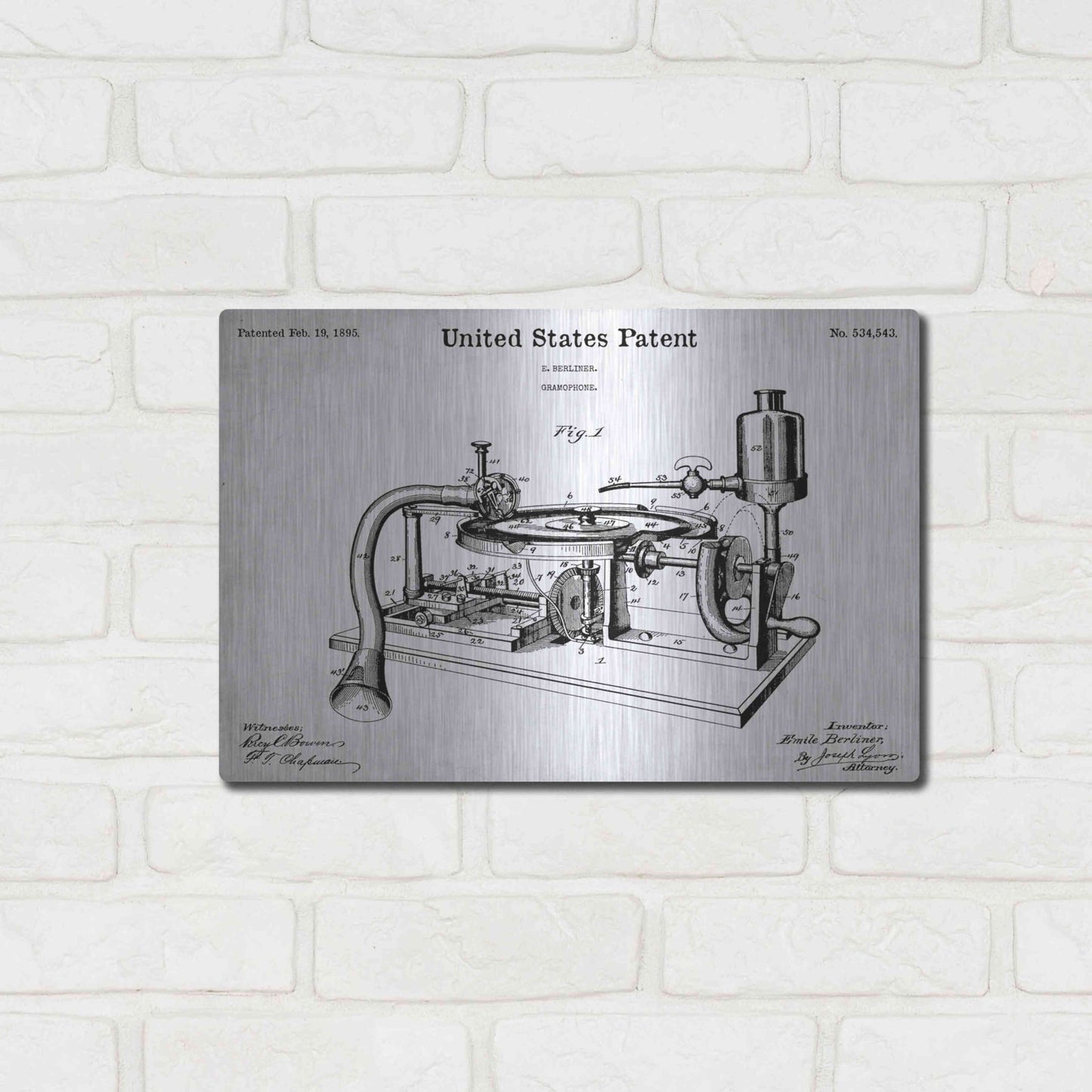 Luxe Metal Art 'Gramophone, 1895 Blueprint Patent White' Acrylic Glass Wall Art,16x12