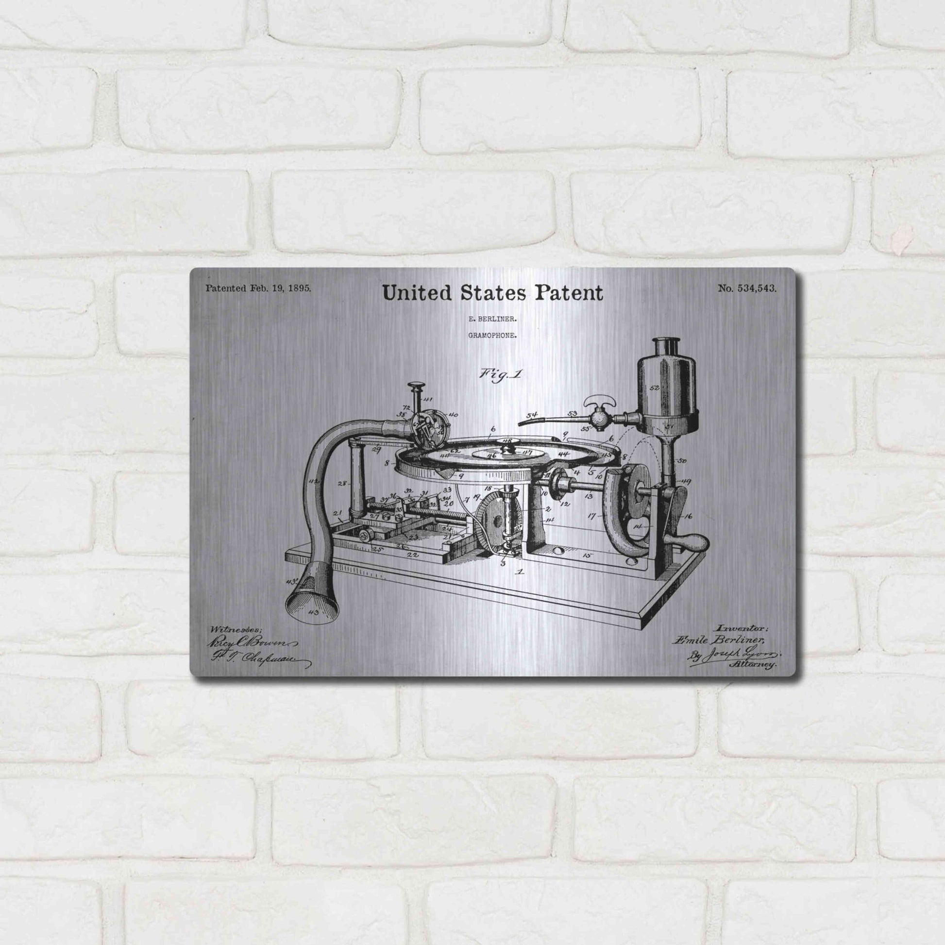 Luxe Metal Art 'Gramophone, 1895 Blueprint Patent White' Acrylic Glass Wall Art,16x12