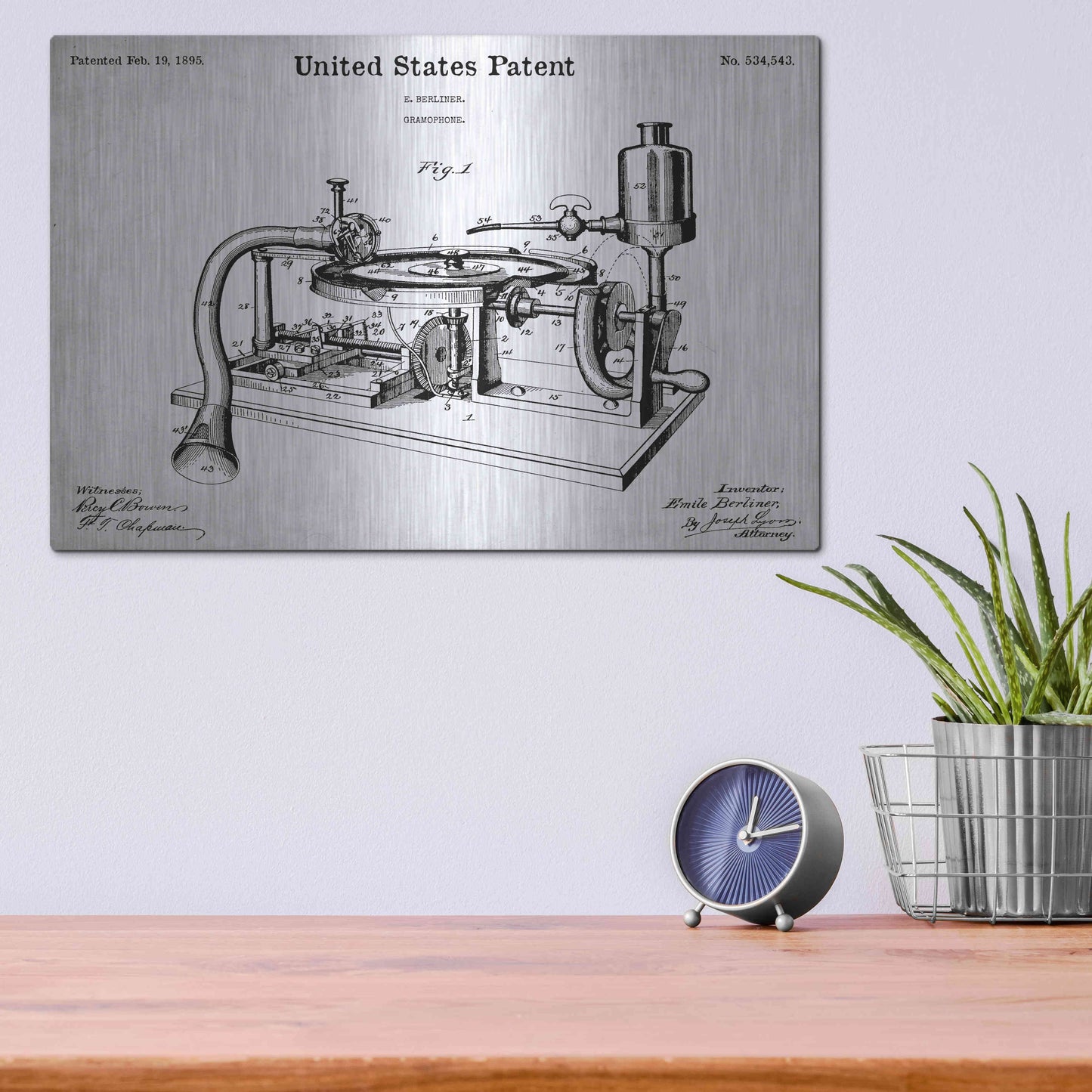 Luxe Metal Art 'Gramophone, 1895 Blueprint Patent White' Acrylic Glass Wall Art,16x12