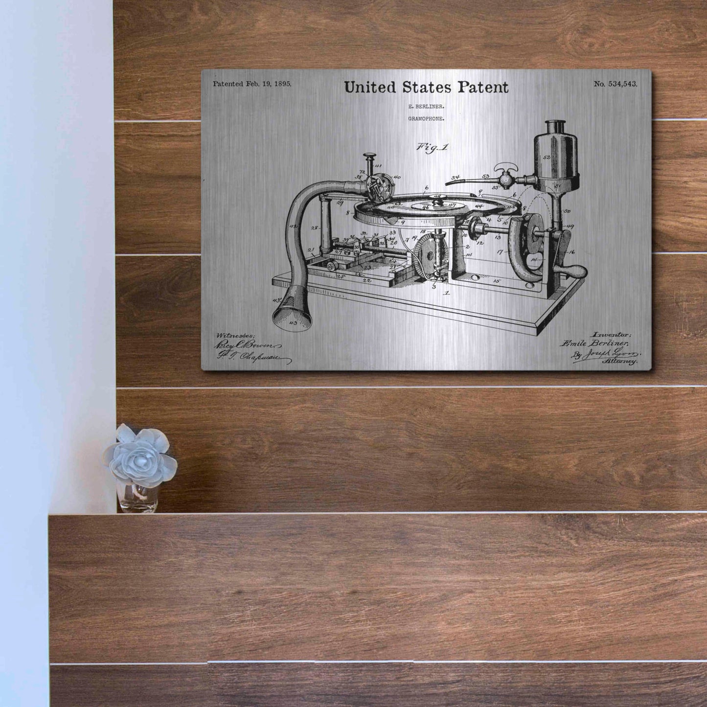 Luxe Metal Art 'Gramophone, 1895 Blueprint Patent White' Acrylic Glass Wall Art,16x12