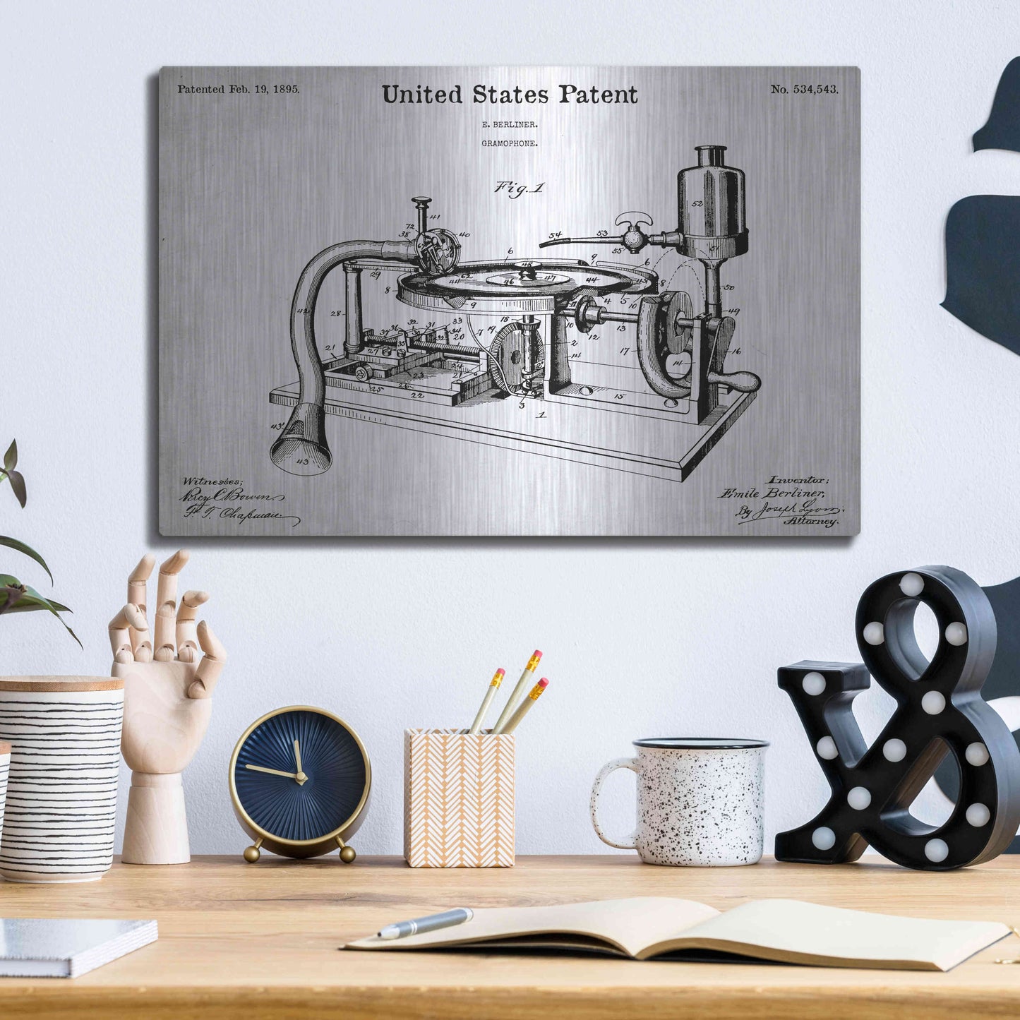 Luxe Metal Art 'Gramophone, 1895 Blueprint Patent White' Acrylic Glass Wall Art,16x12