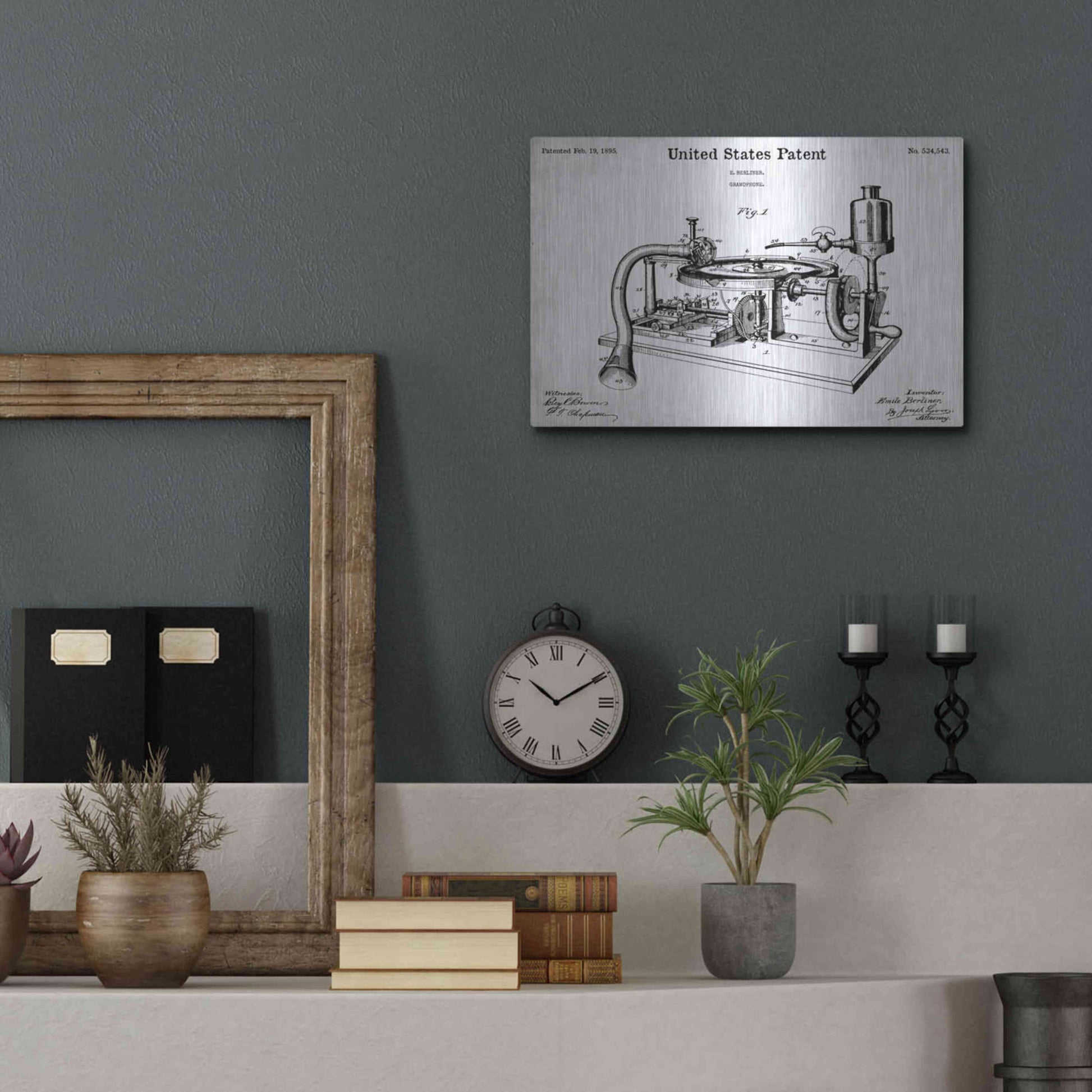 Luxe Metal Art 'Gramophone, 1895 Blueprint Patent White' Acrylic Glass Wall Art,16x12