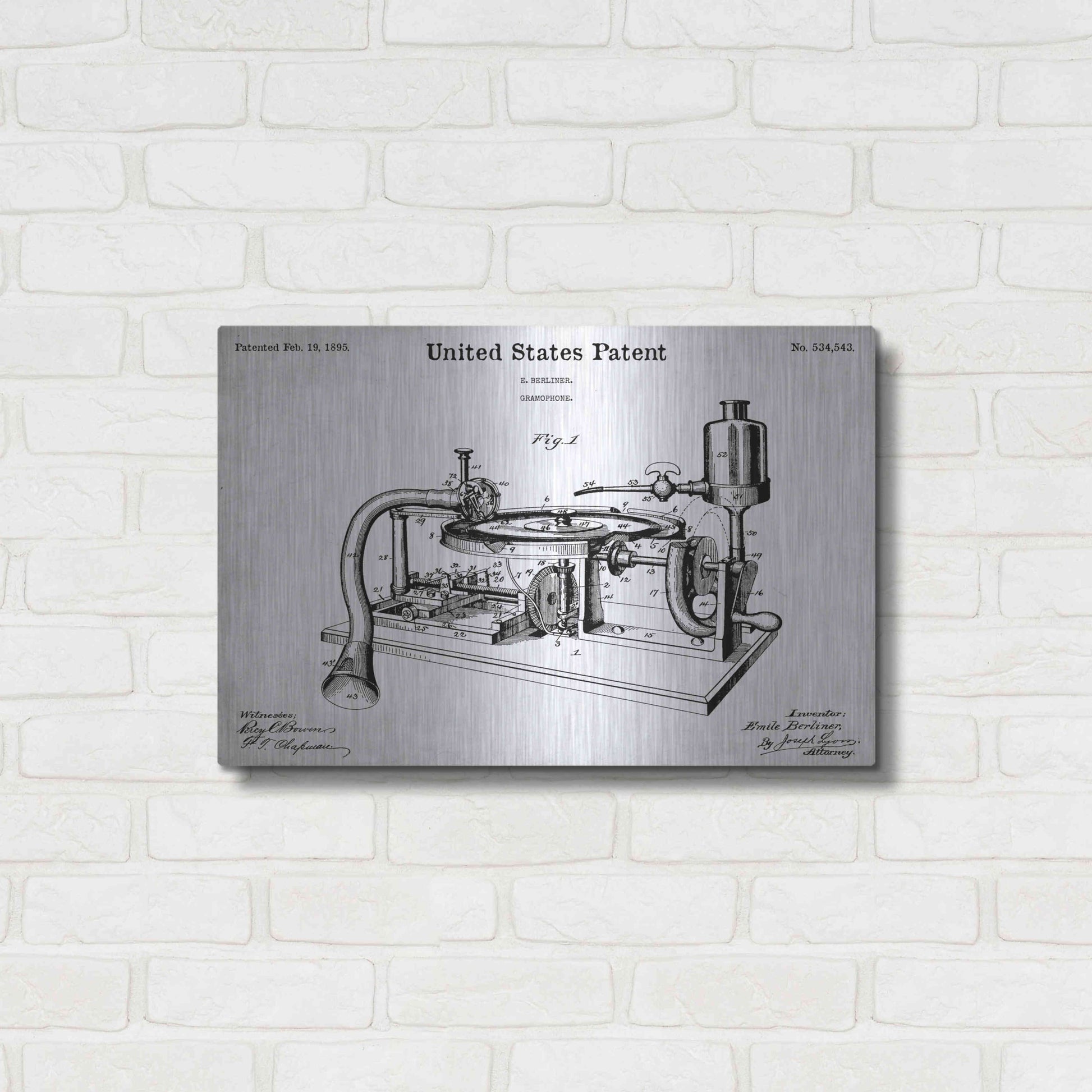 Luxe Metal Art 'Gramophone, 1895 Blueprint Patent White' Acrylic Glass Wall Art,24x16