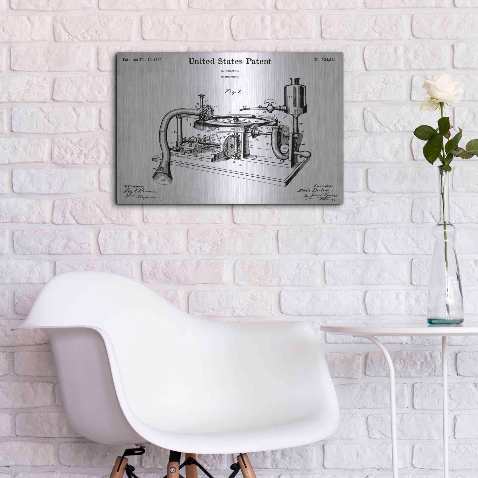 Luxe Metal Art 'Gramophone, 1895 Blueprint Patent White' Acrylic Glass Wall Art,24x16