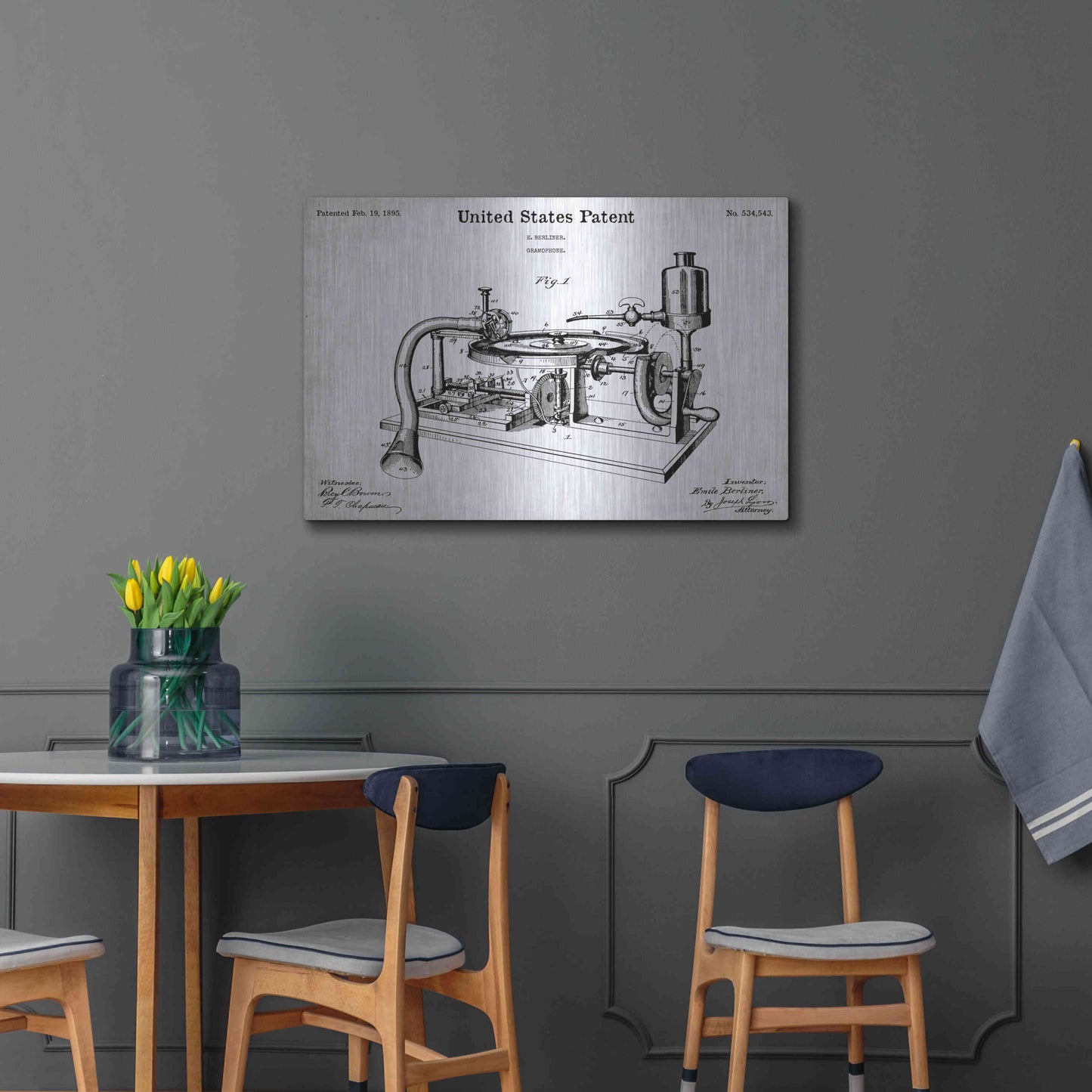 Luxe Metal Art 'Gramophone, 1895 Blueprint Patent White' Acrylic Glass Wall Art,36x24