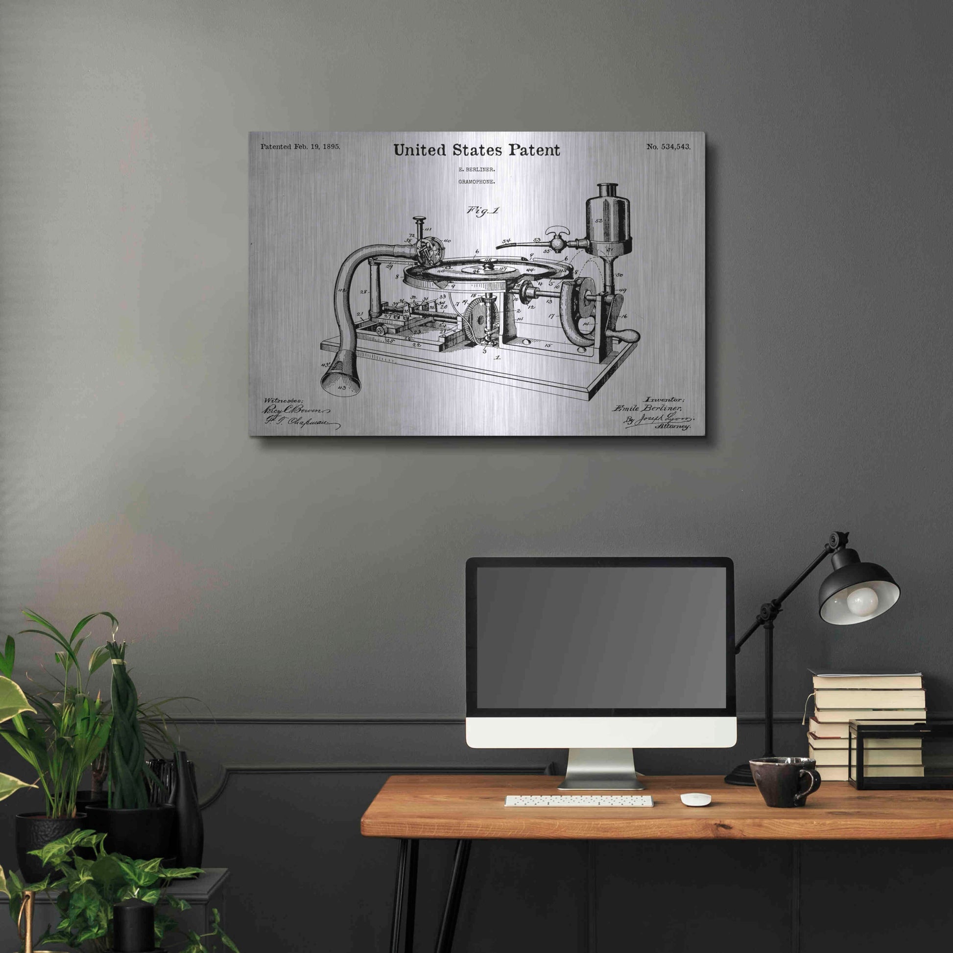 Luxe Metal Art 'Gramophone, 1895 Blueprint Patent White' Acrylic Glass Wall Art,36x24