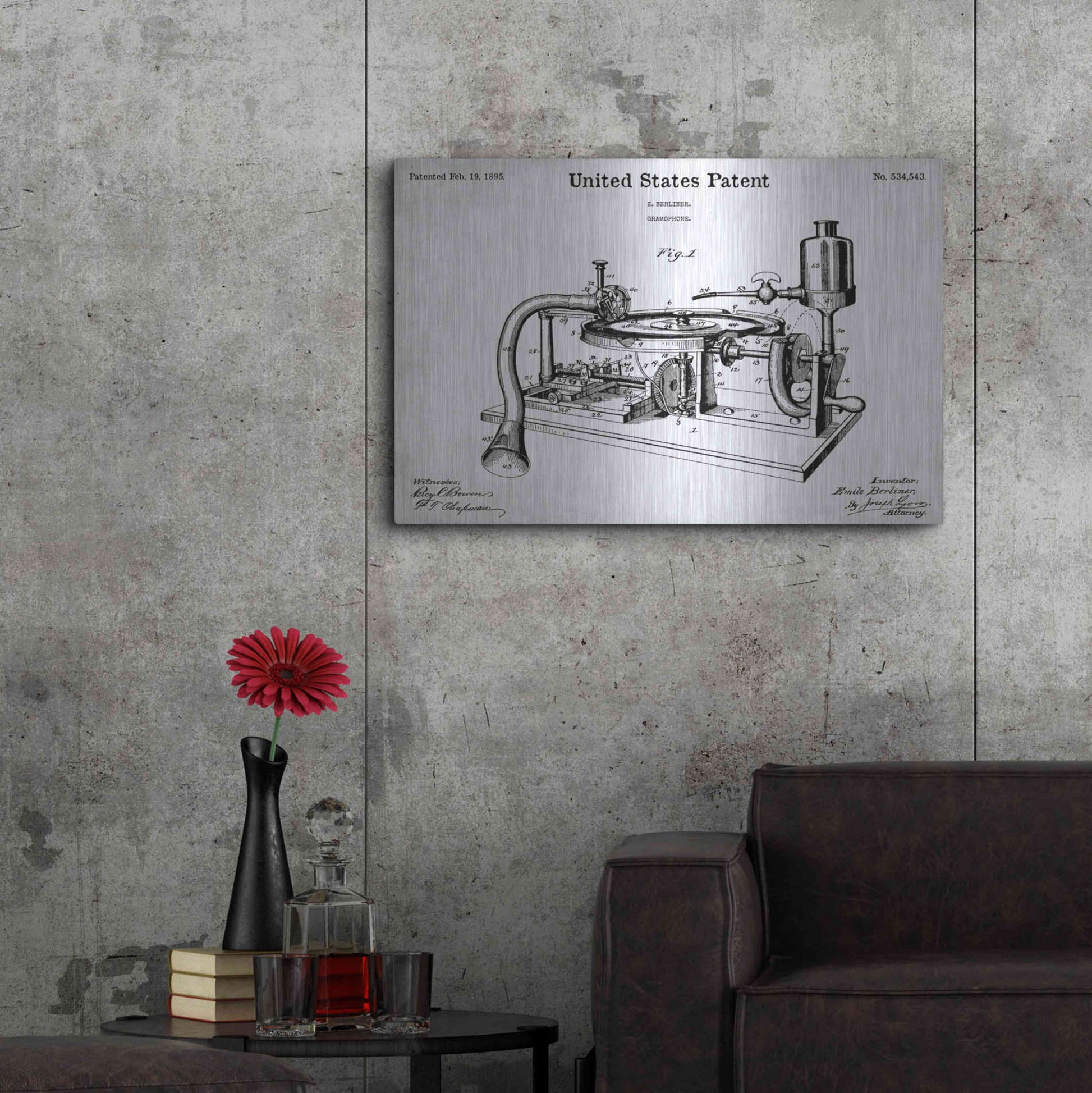 Luxe Metal Art 'Gramophone, 1895 Blueprint Patent White' Acrylic Glass Wall Art,36x24