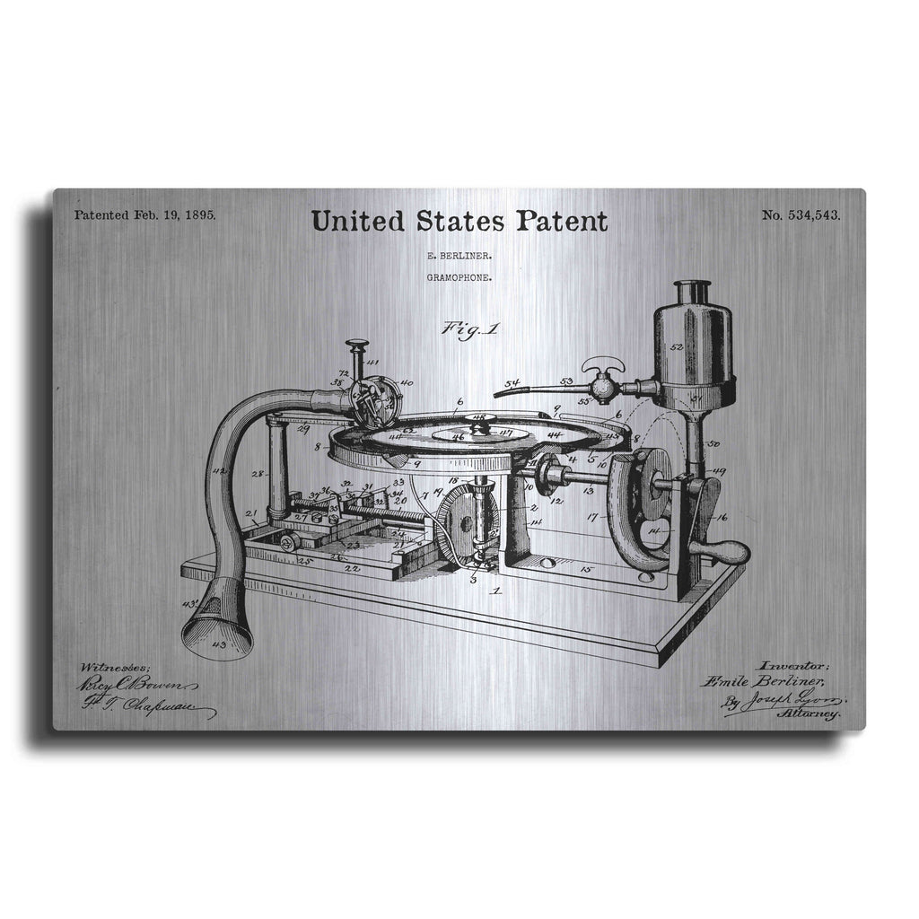 Luxe Metal Art 'Gramophone, 1895 Blueprint Patent White' Metal Wall Art