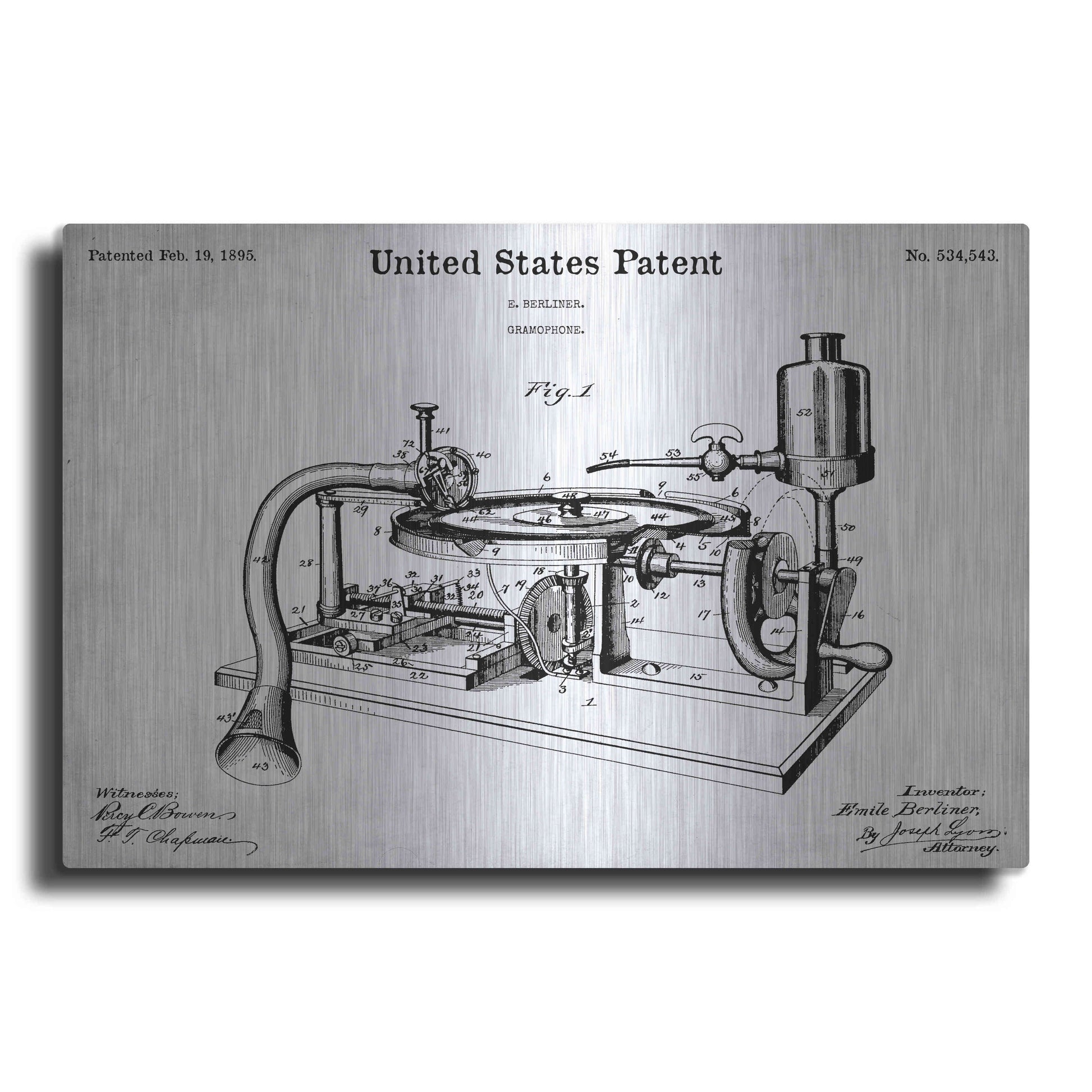 Luxe Metal Art 'Gramophone, 1895 Blueprint Patent White' Acrylic Glass Wall Art