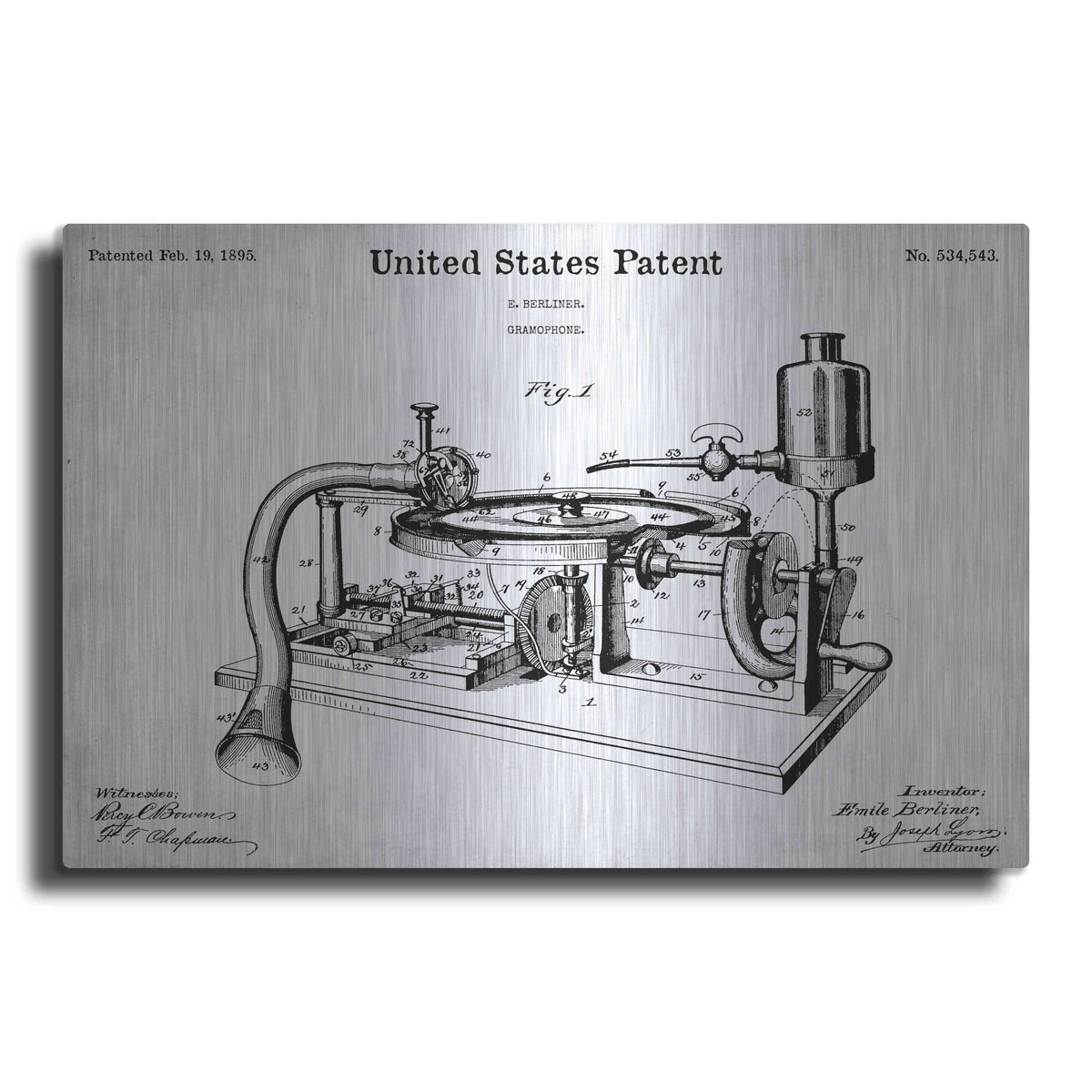 Luxe Metal Art 'Gramophone, 1895 Blueprint Patent White' Metal Wall Art
