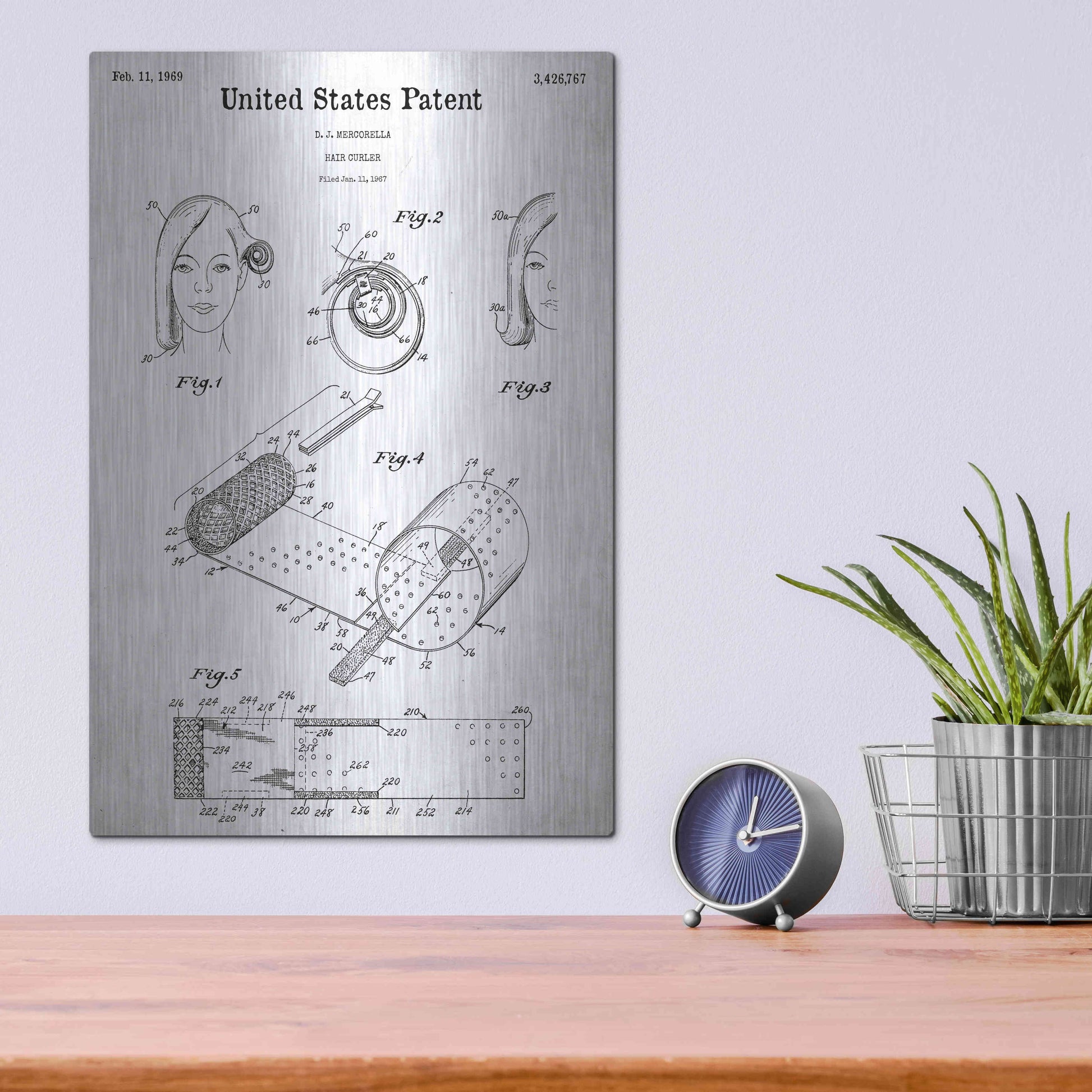 Luxe Metal Art 'Hair Curler Blueprint Patent White' Acrylic Glass Wall Art,12x16