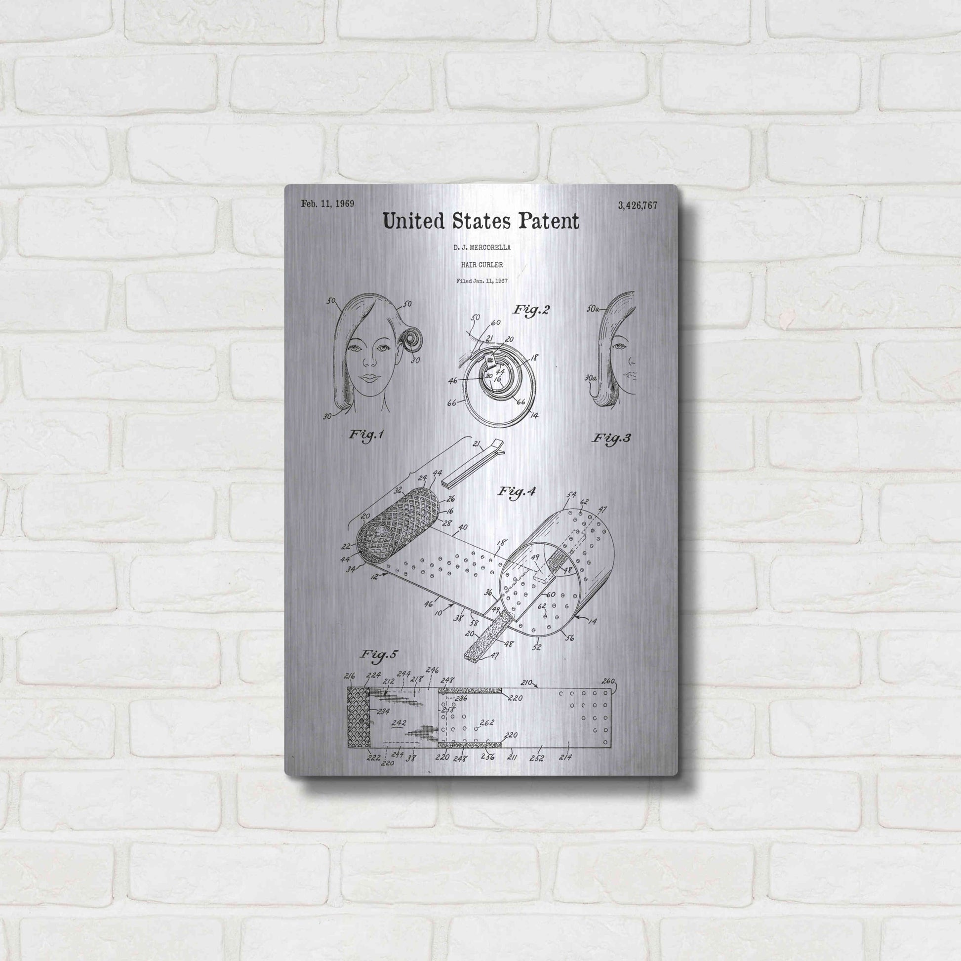 Luxe Metal Art 'Hair Curler Blueprint Patent White' Acrylic Glass Wall Art,16x24