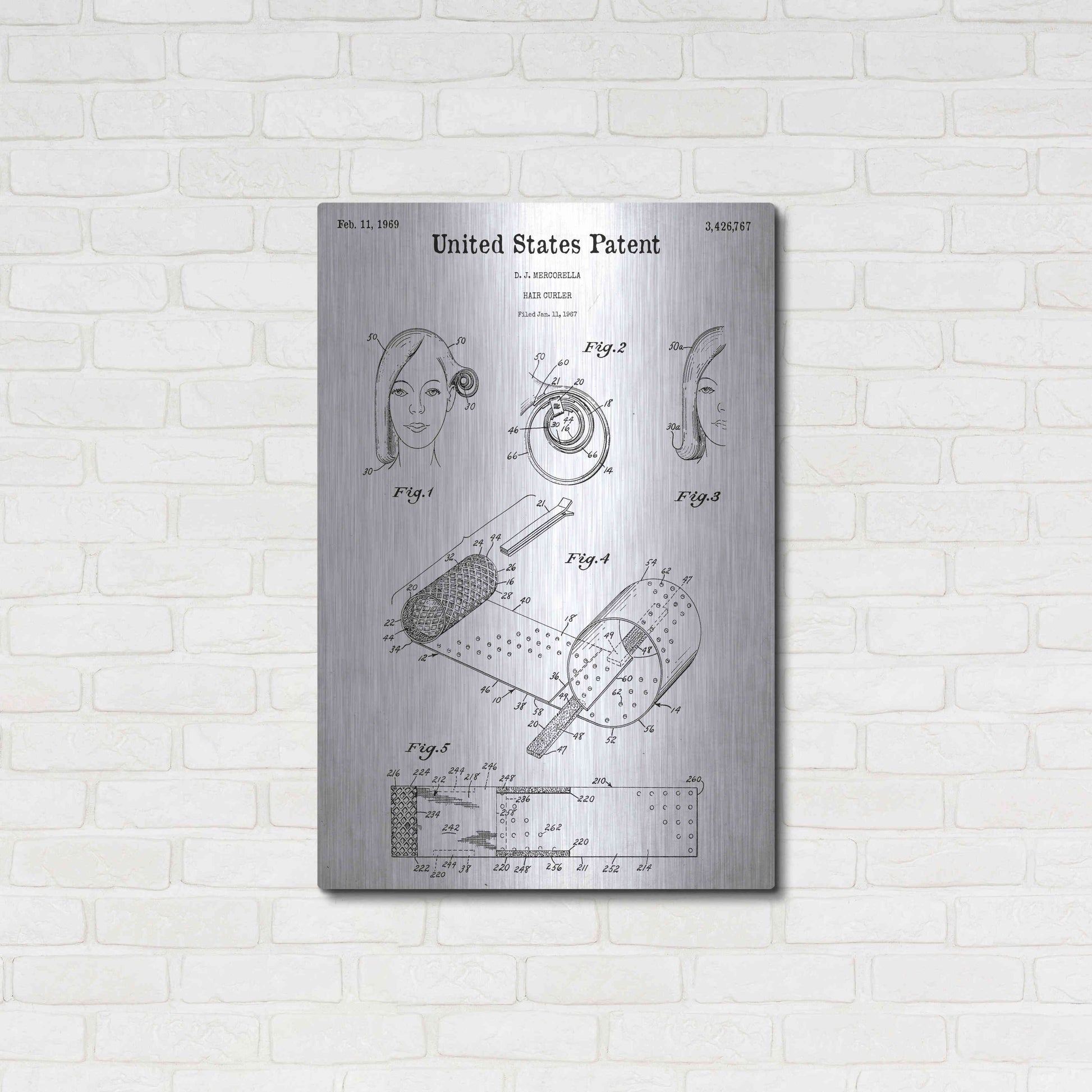 Luxe Metal Art 'Hair Curler Blueprint Patent White' Acrylic Glass Wall Art,24x36