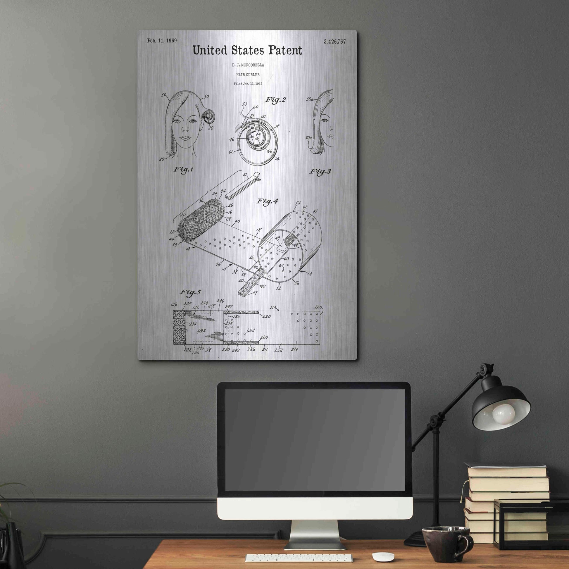 Luxe Metal Art 'Hair Curler Blueprint Patent White' Acrylic Glass Wall Art,24x36