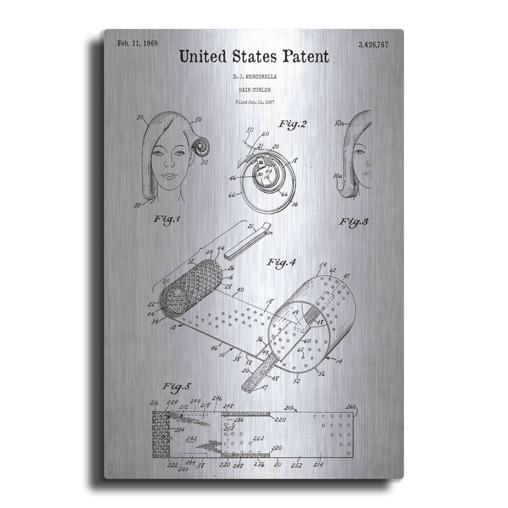 Luxe Metal Art 'Hair Curler Blueprint Patent White' Metal Wall Art