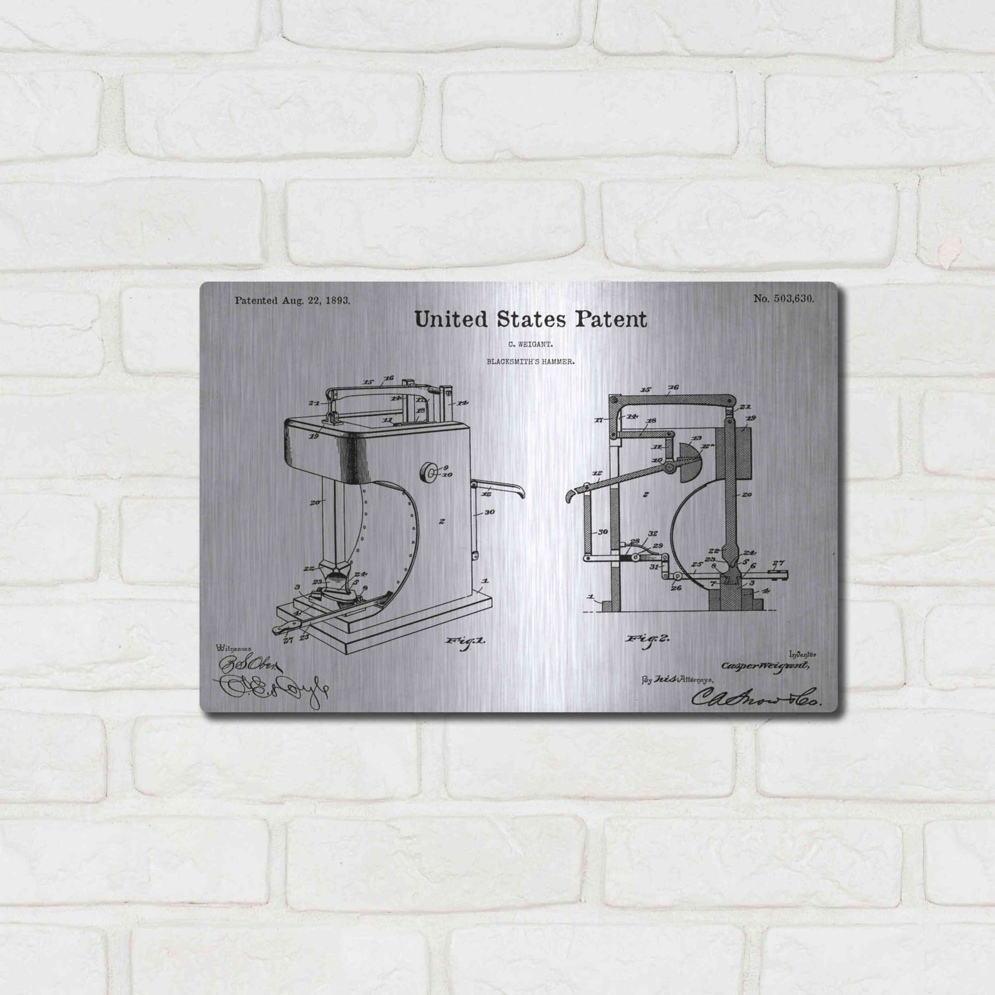 Luxe Metal Art 'Blacksmith's Hammer Blueprint Patent White' Acrylic Glass Wall Art,16x12