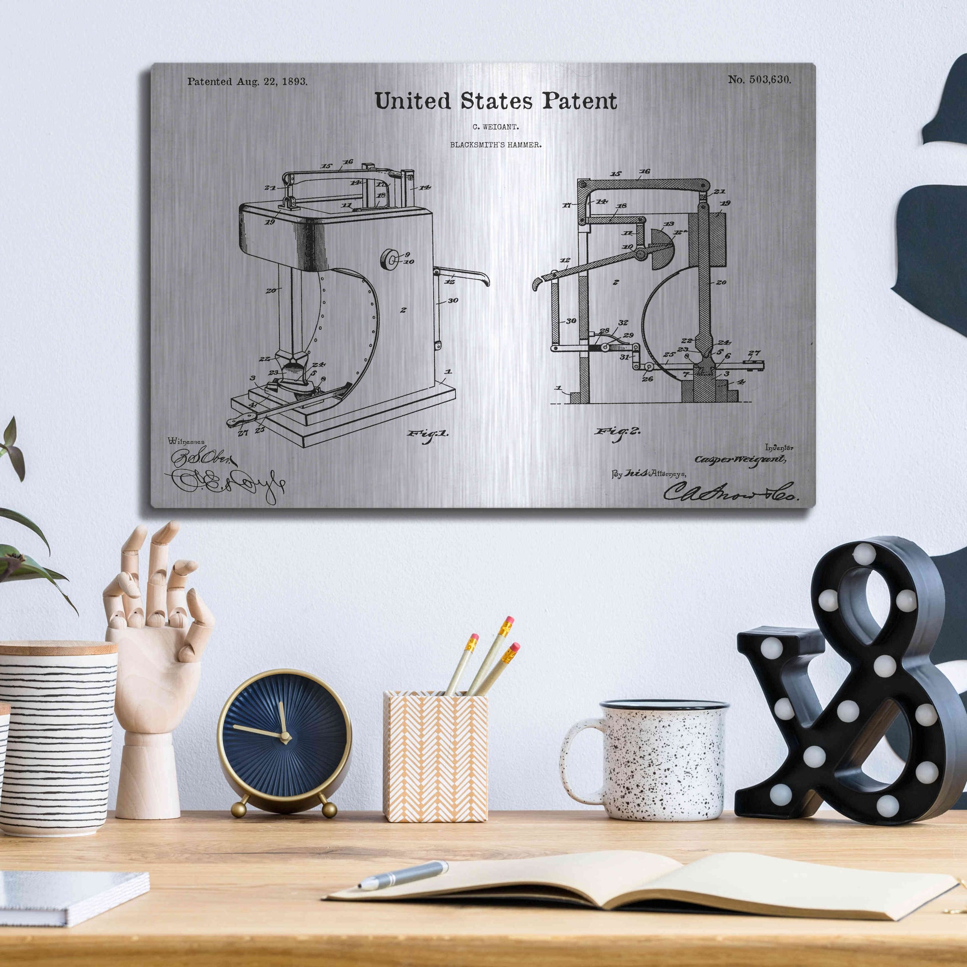 Luxe Metal Art 'Blacksmith's Hammer Blueprint Patent White' Acrylic Glass Wall Art,16x12