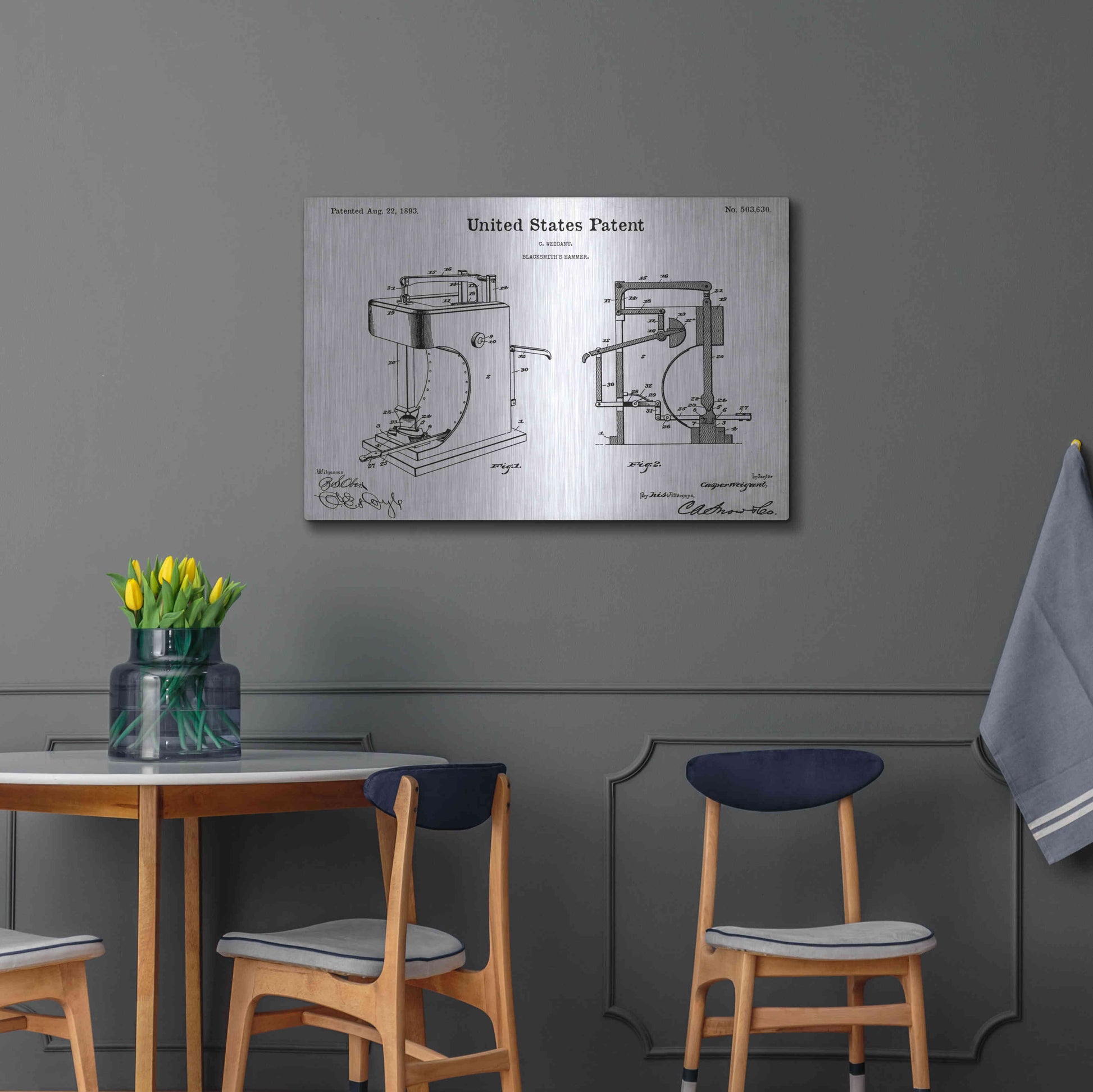 Luxe Metal Art 'Blacksmith's Hammer Blueprint Patent White' Acrylic Glass Wall Art,36x24