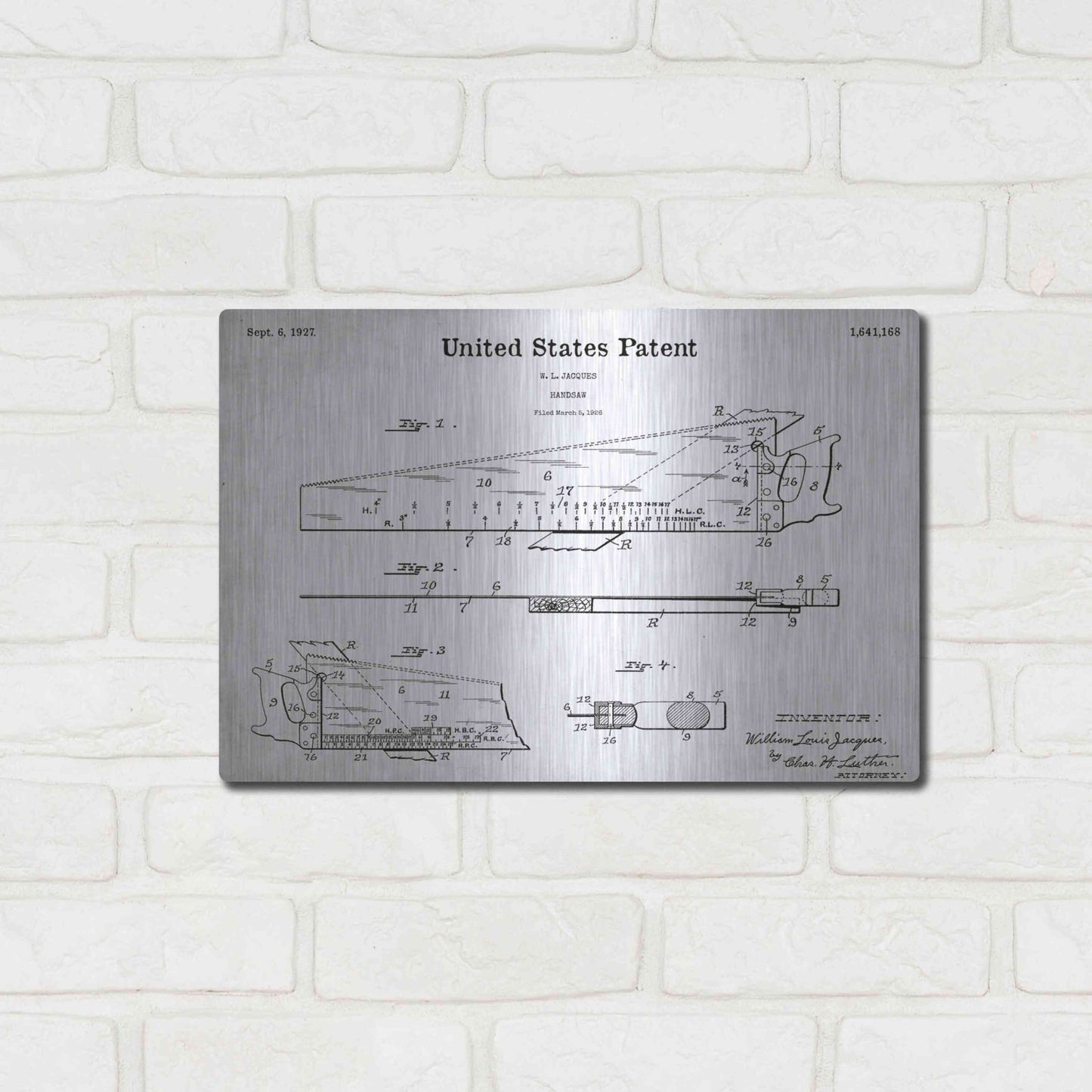 Luxe Metal Art 'Handsaw Blueprint Patent White' Acrylic Glass Wall Art,16x12