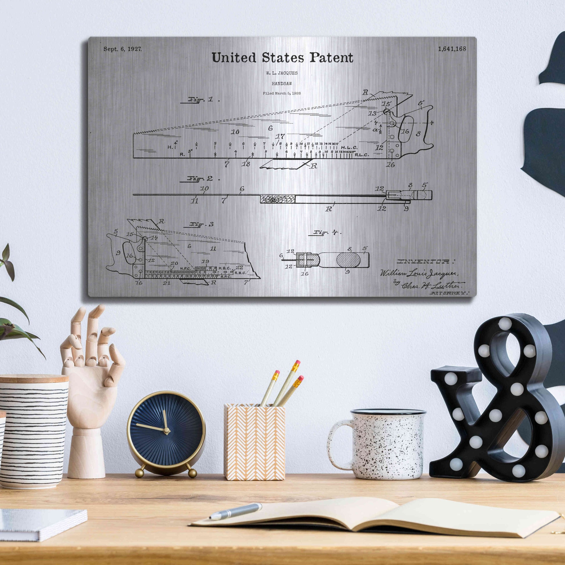 Luxe Metal Art 'Handsaw Blueprint Patent White' Acrylic Glass Wall Art,16x12