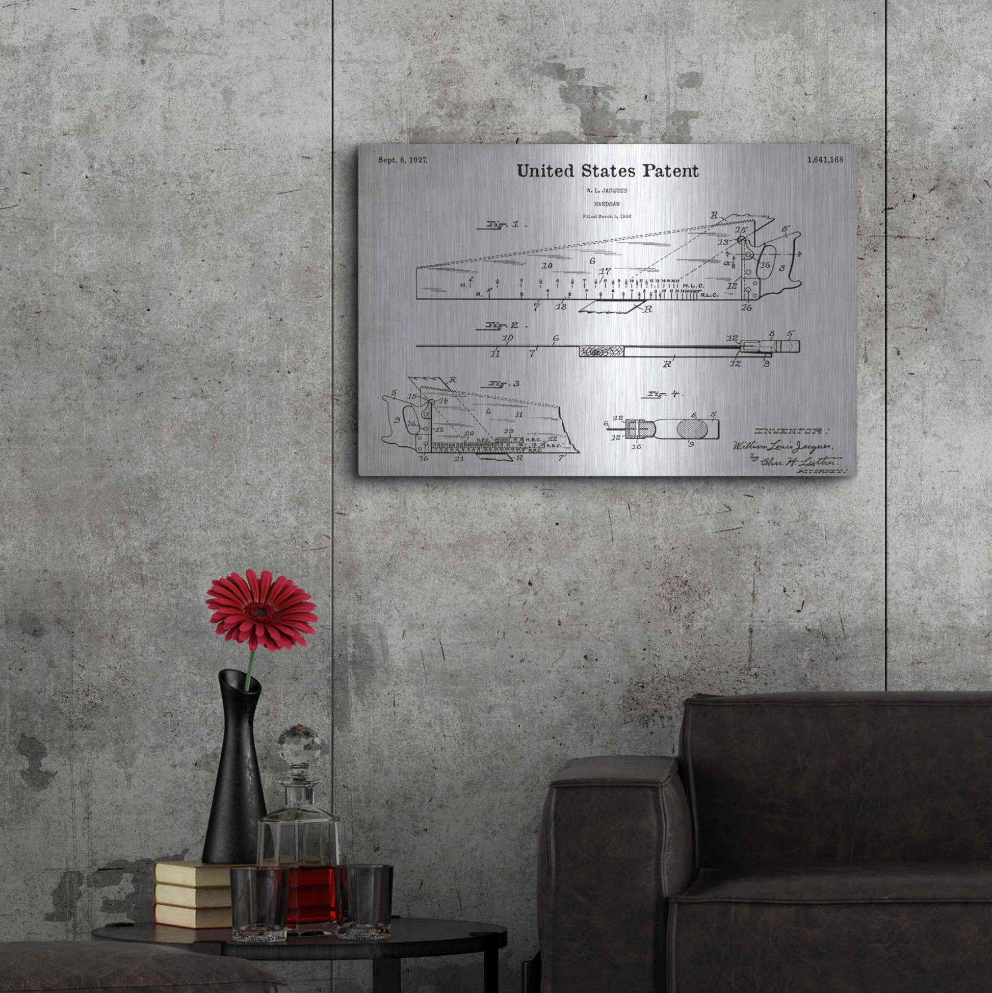 Luxe Metal Art 'Handsaw Blueprint Patent White' Acrylic Glass Wall Art,36x24