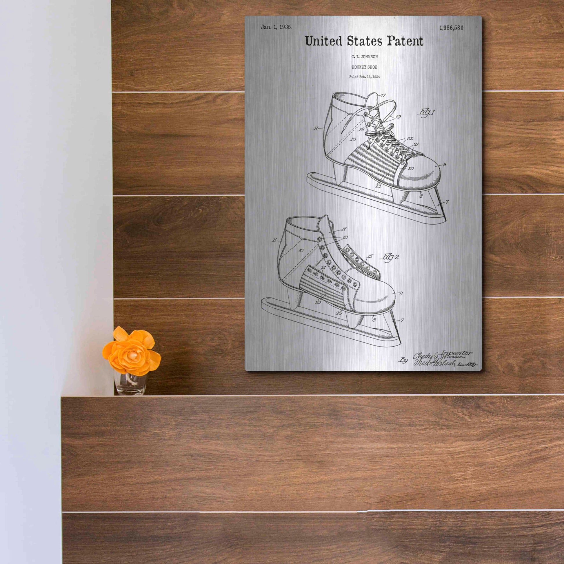 Luxe Metal Art 'Hockey Shoe, 1935 Blueprint Patent White' Acrylic Glass Wall Art,12x16