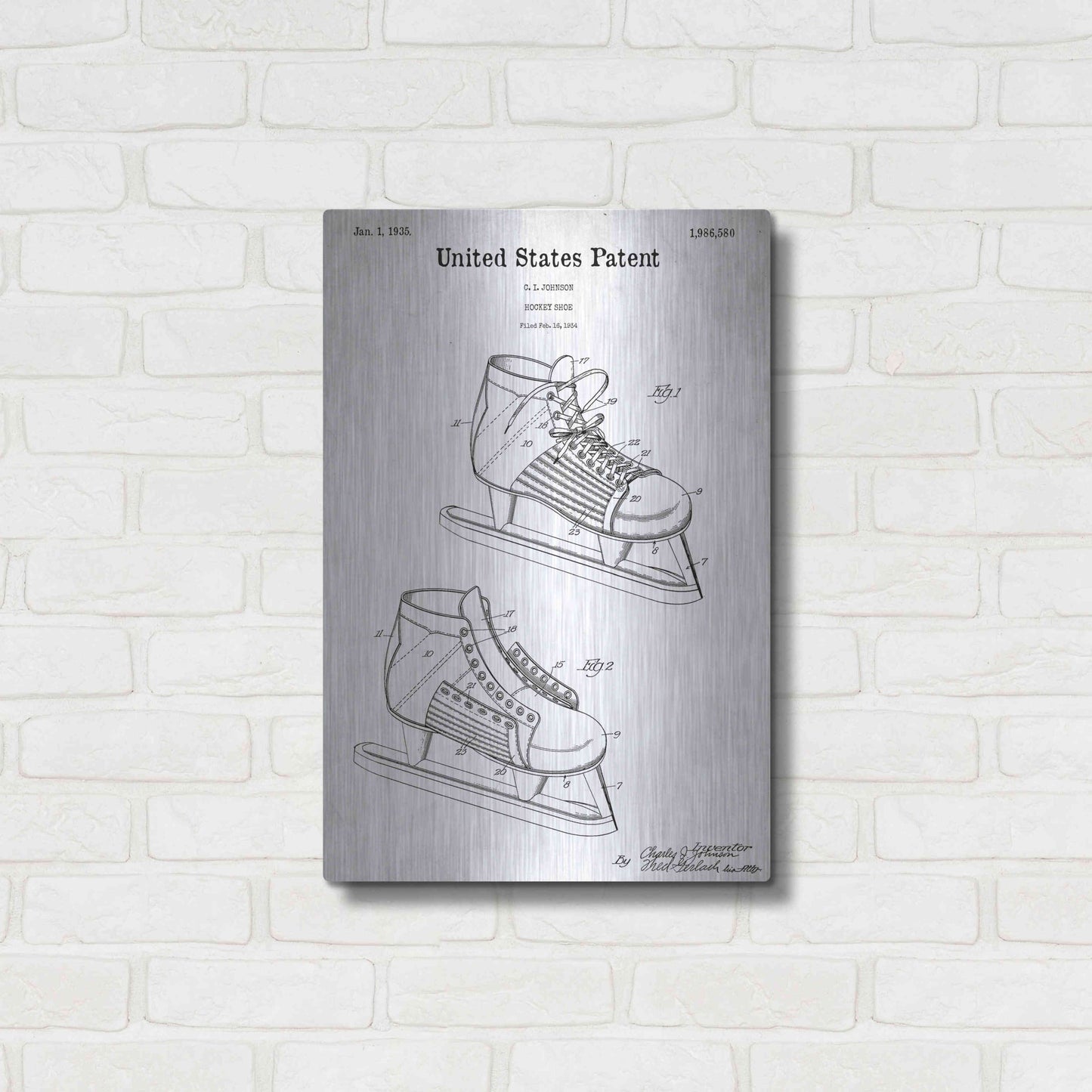 Luxe Metal Art 'Hockey Shoe, 1935 Blueprint Patent White' Acrylic Glass Wall Art,16x24