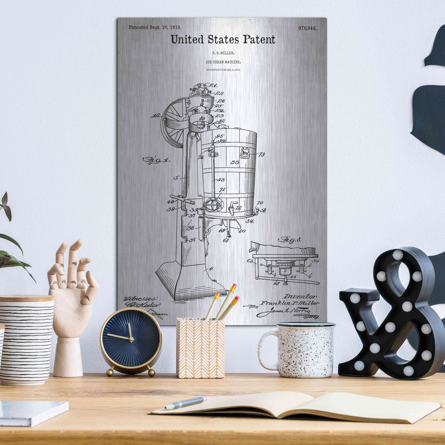 Luxe Metal Art 'Ice Cream Machine Blueprint Patent White' Acrylic Glass Wall Art,12x16