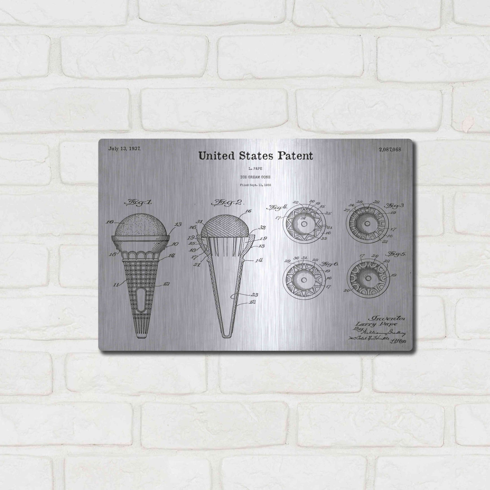 Luxe Metal Art 'Ice Cream Cone Blueprint Patent White' Acrylic Glass Wall Art,16x12