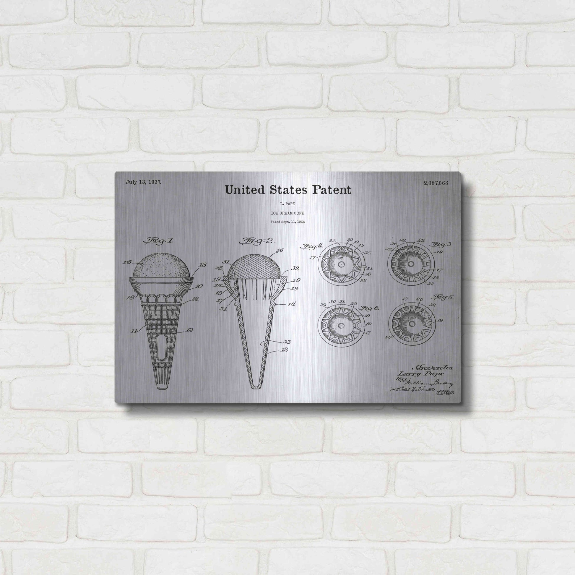 Luxe Metal Art 'Ice Cream Cone Blueprint Patent White' Acrylic Glass Wall Art,24x16