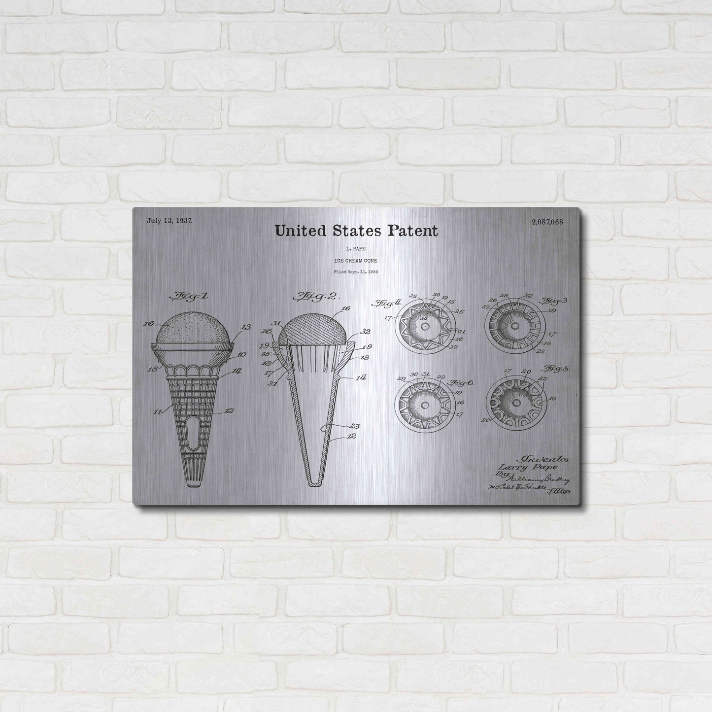 Luxe Metal Art 'Ice Cream Cone Blueprint Patent White' Acrylic Glass Wall Art,36x24