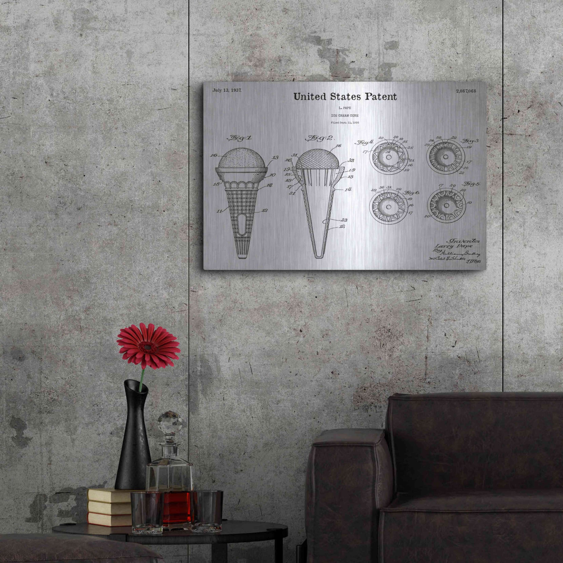 Luxe Metal Art 'Ice Cream Cone Blueprint Patent White' Acrylic Glass Wall Art,36x24